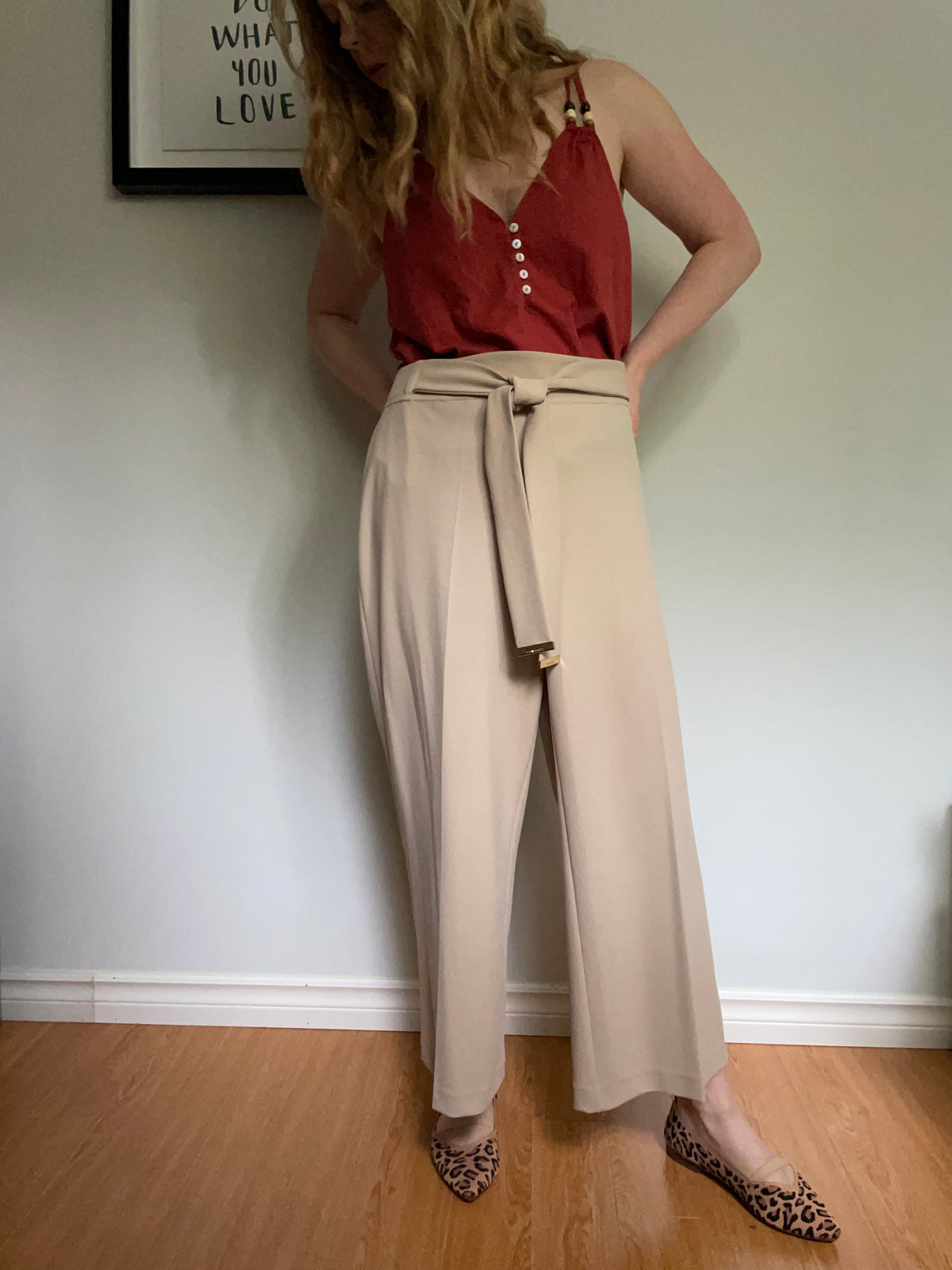 Calvin Klein Taupe Wide-Leg Tie-Waist Trousers – Large