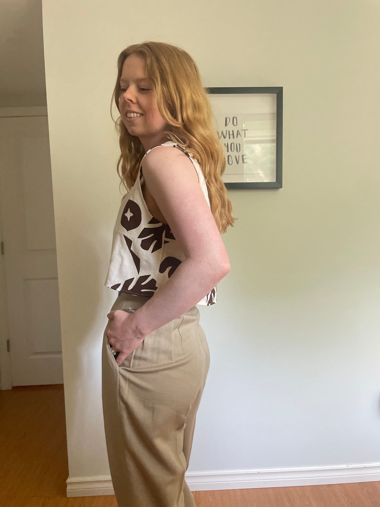 farukEkin Cream & Brown Graphic Linen Cropped Tank Top - EU 38/M