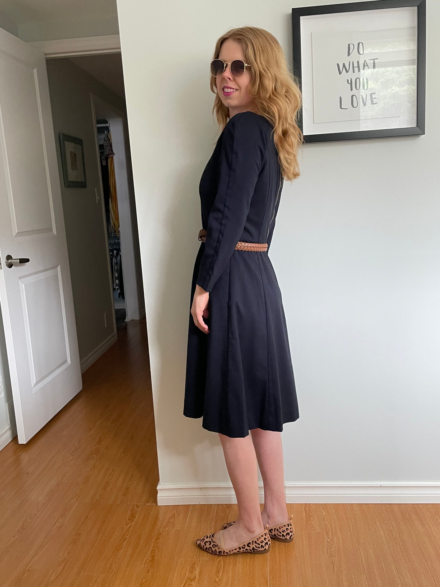 Navy Boat Neck 3/4 Sleeve Fit Flare Dress