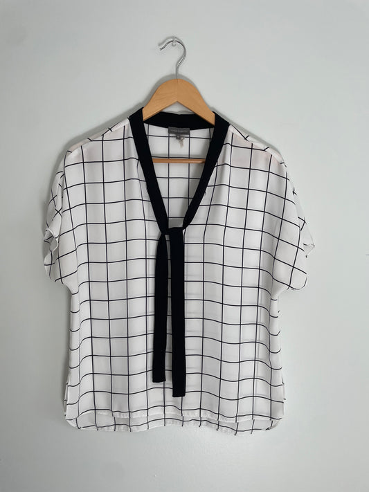 Vince Camuto White & Black Windowpane Tie-Neck Blouse – Medium