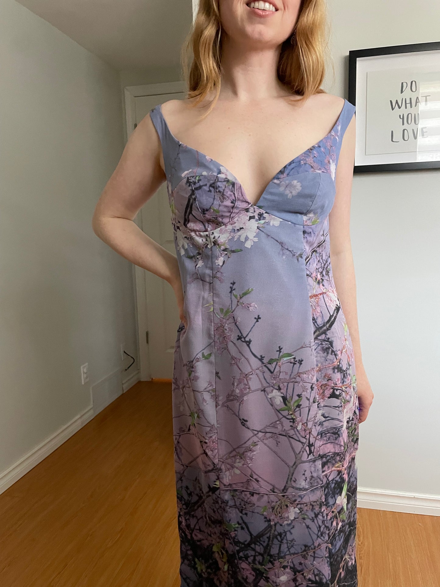 Pam Chorley’s Fashion Crimes Lilac Cherry Blossom 100% Silk Off-Shoulder Dress - Medium