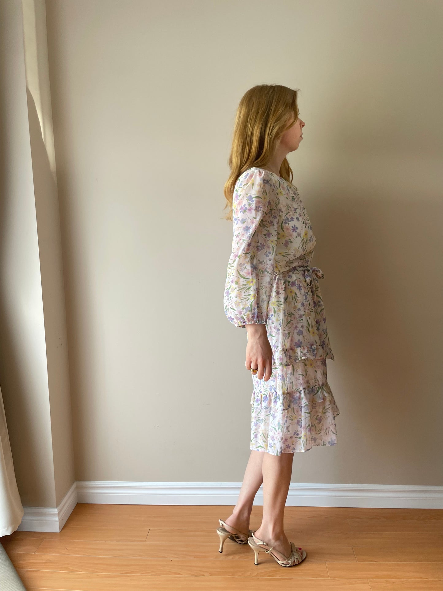 Calvin Klein Chiffon Pastel Floral Long Sleeve Tiered Dress NWT - Small