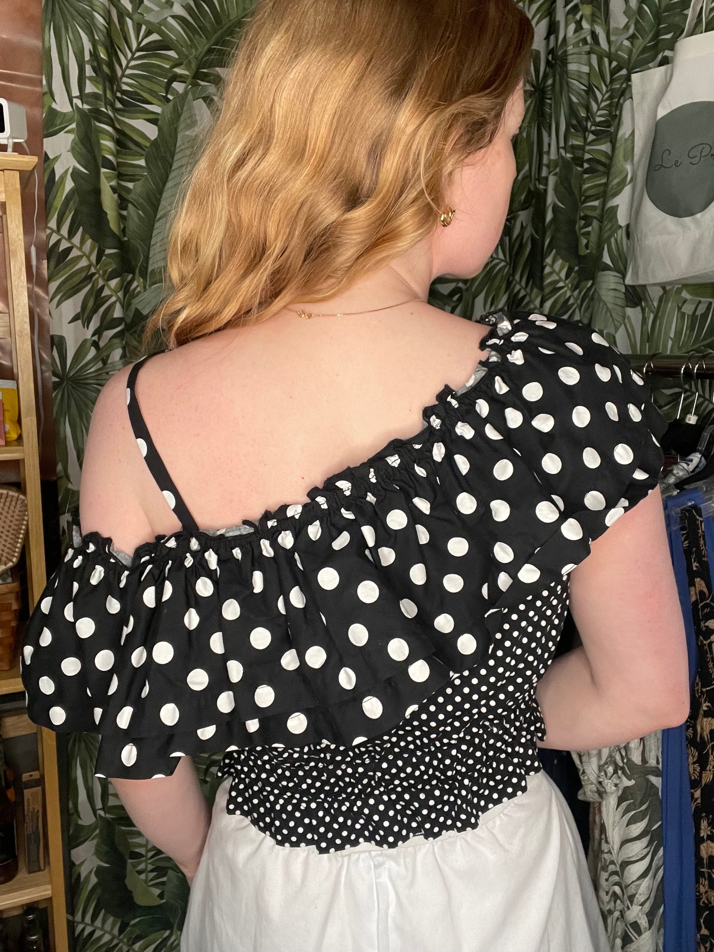 River Island Black & White Polka Dot One-Shoulder Cotton Ruffle Top – S/M