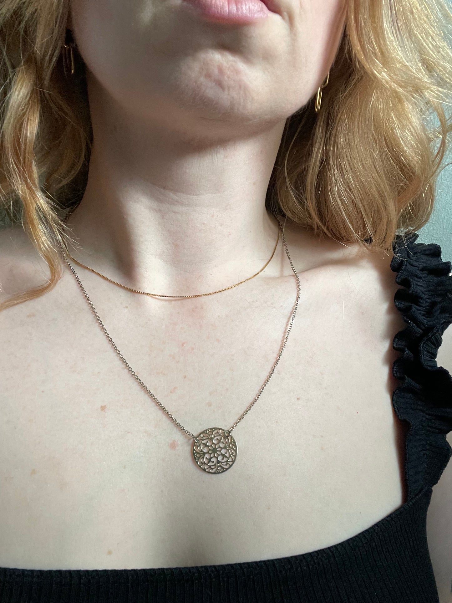 Gold Tone Filigree Disc Pendant Necklace