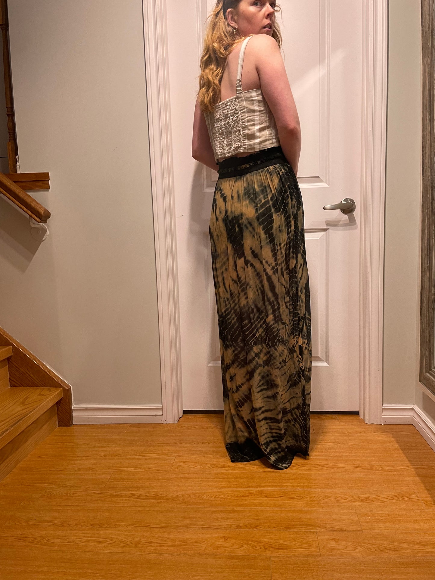 Black & Tan Tie-Dye Silk Draped Maxi Skirt – Small