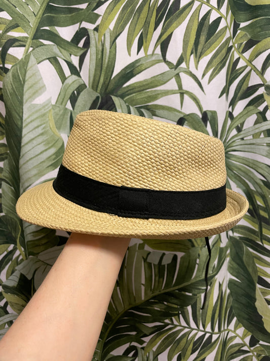 Natural Straw-Style Fedora with Black Band – One Size