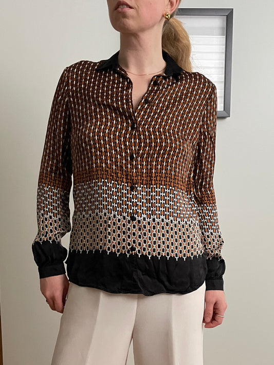 Massimo Dutti Brown Chain Print Blouse – Made in Portugal – Small
