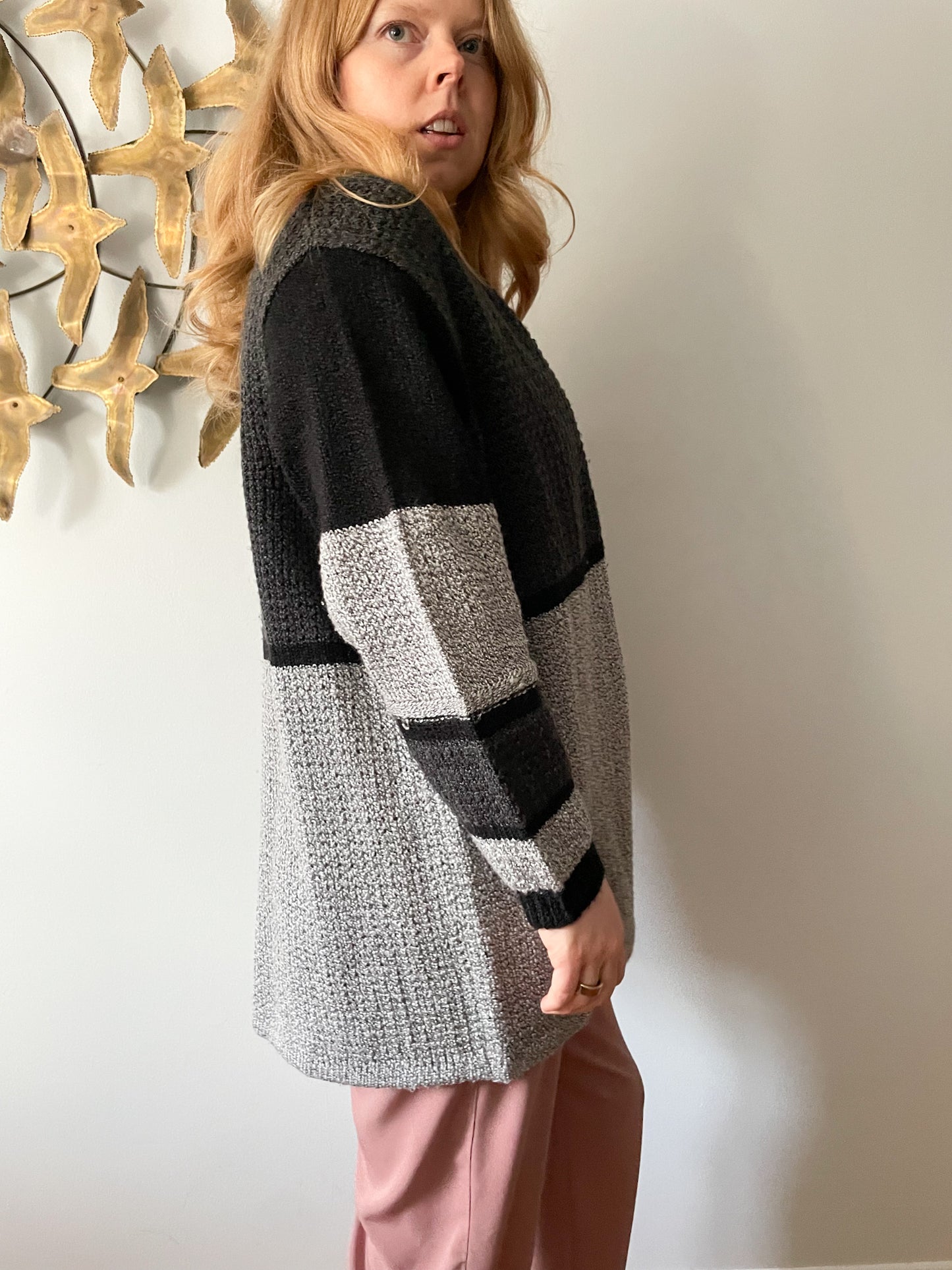 Alia Grey Patch Relaxed Knit Cardigan Sweater - L/XL