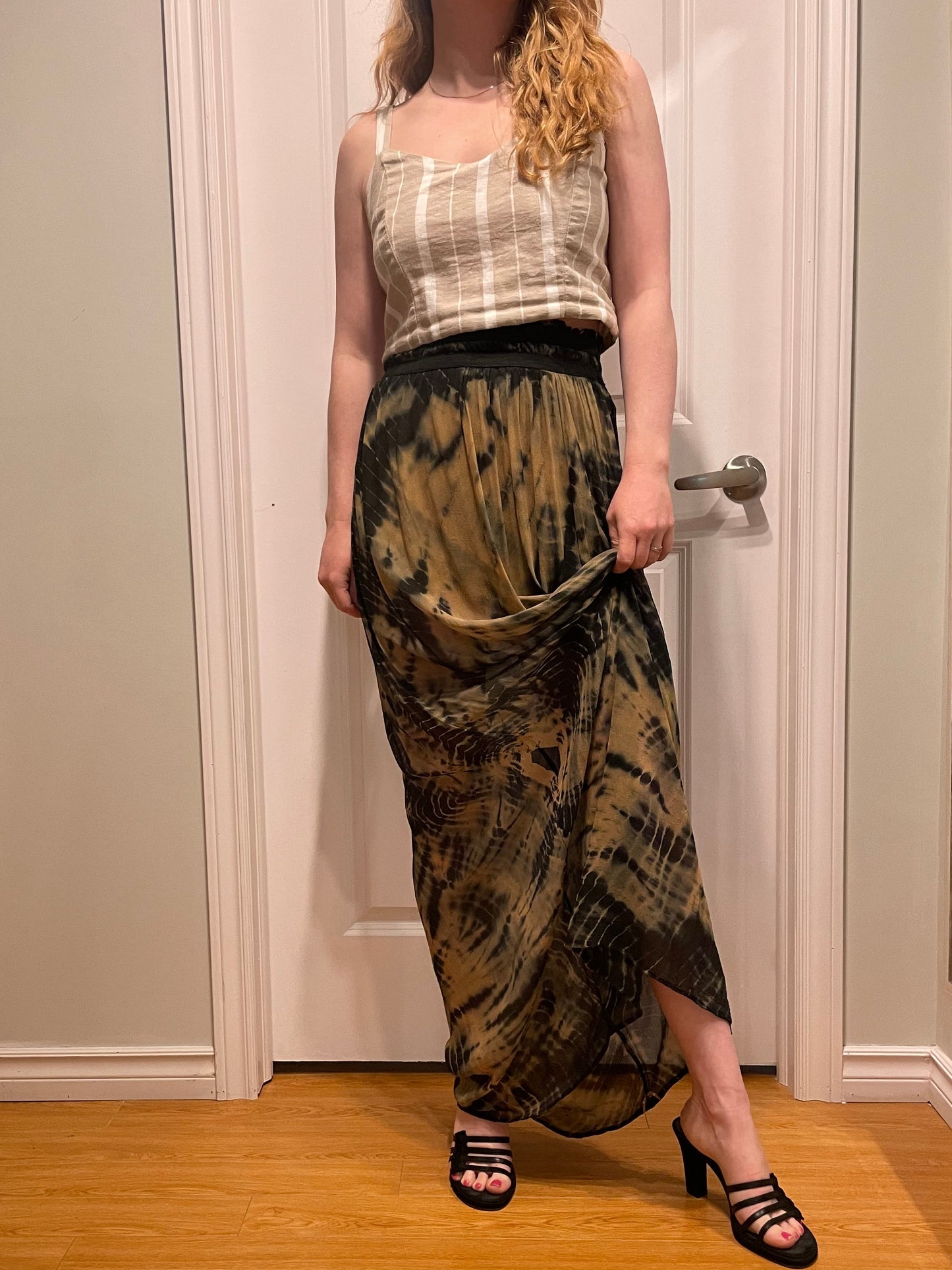 Black & Tan Tie-Dye Silk Draped Maxi Skirt – Small