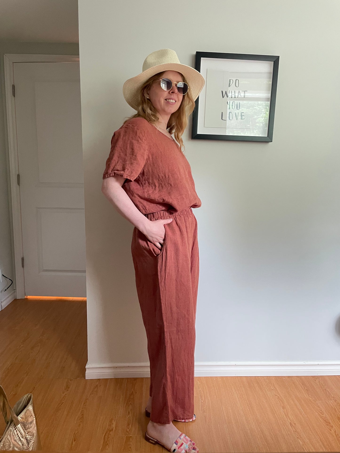 FLAX – Terracotta Linen Top & Wide-Leg Pants Set – M/S
