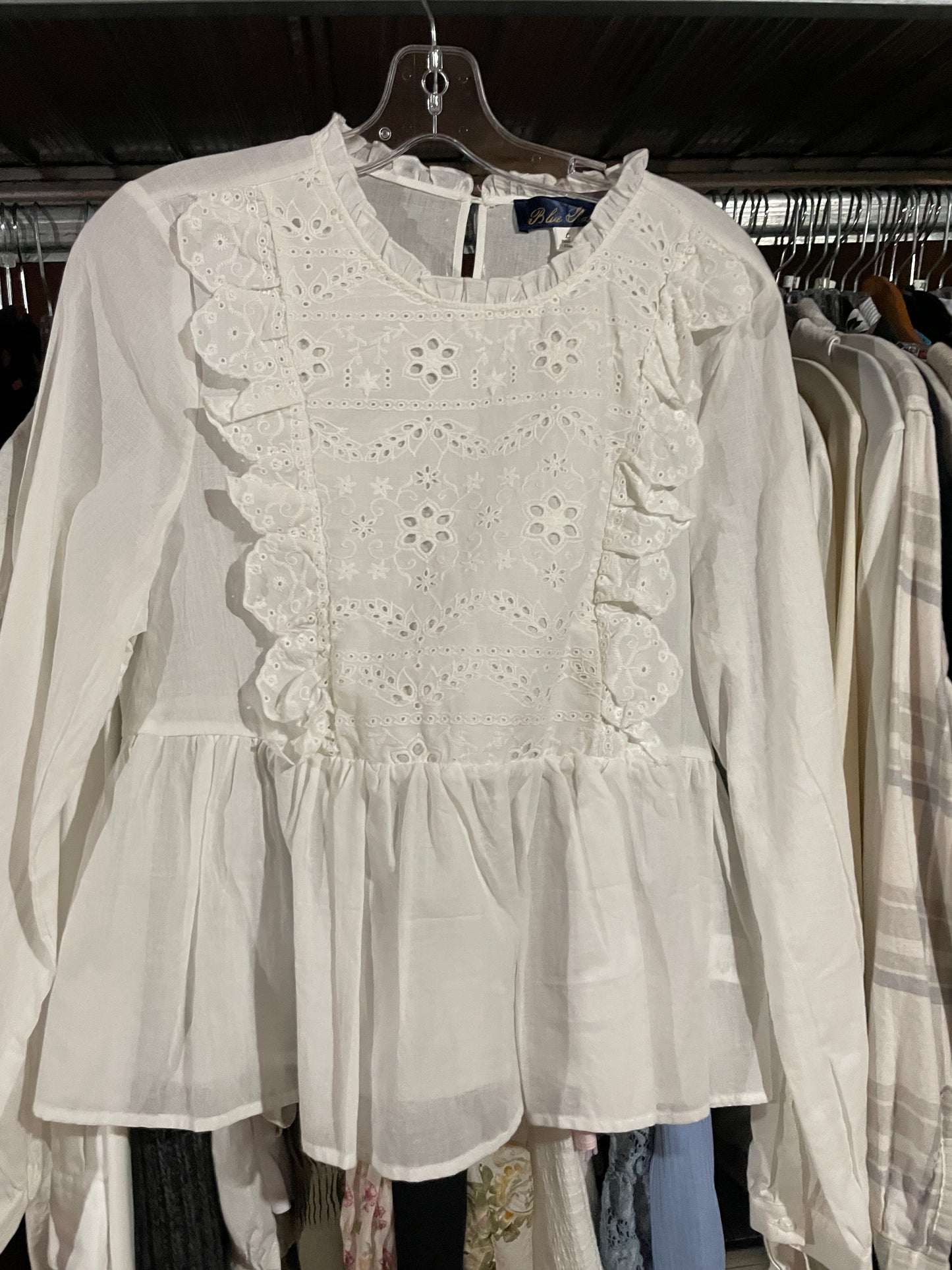 Blue Rain Cotton White Eyelet Ruffle Peplum Blouse – Large