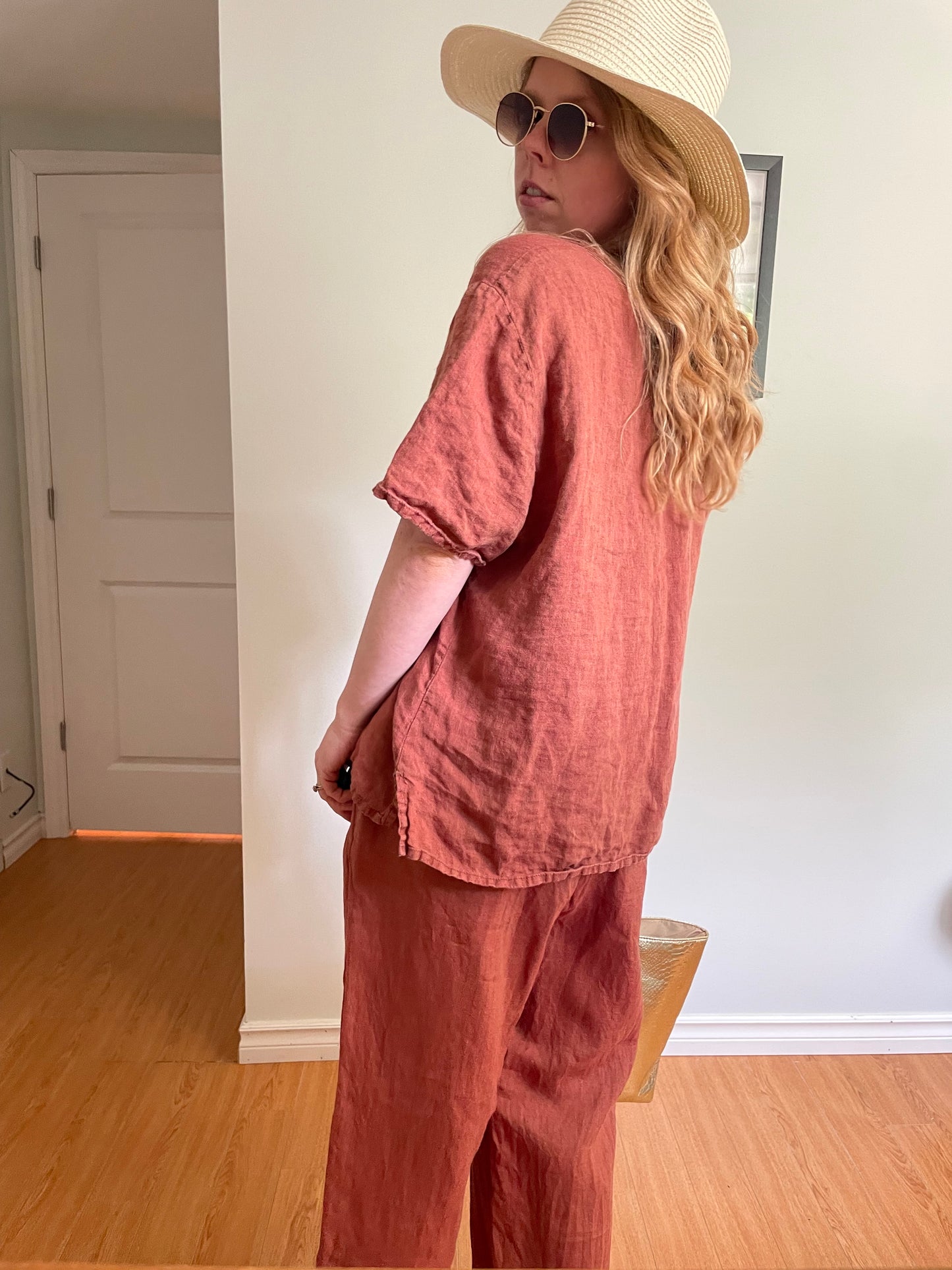 FLAX – Terracotta Linen Top & Wide-Leg Pants Set – M/S