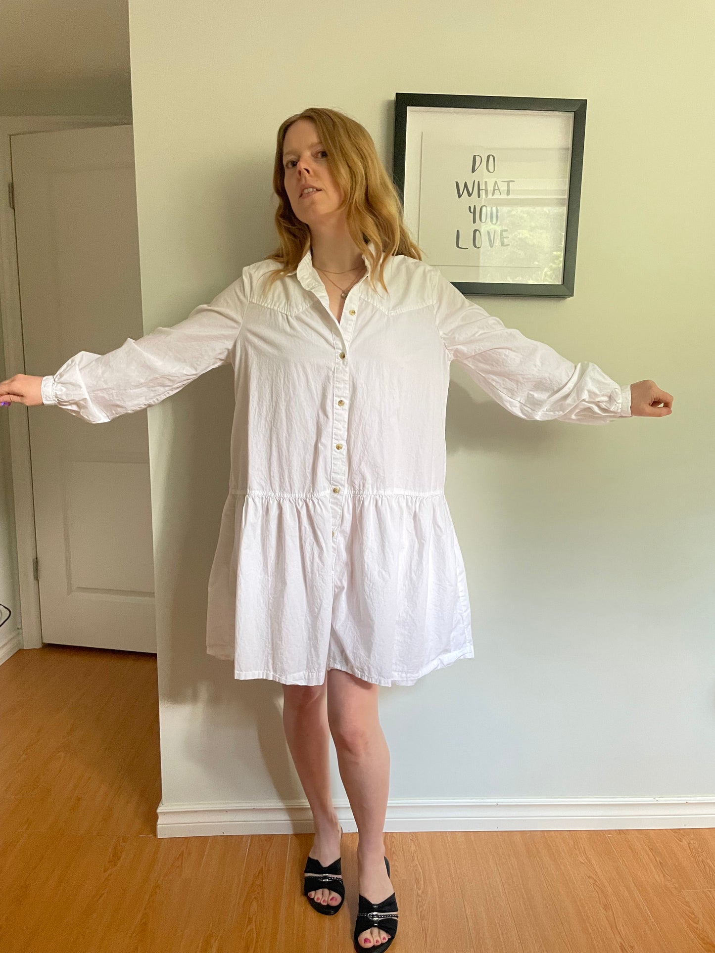 White Cotton Button-Front Tiered Shirt Dress – Medium