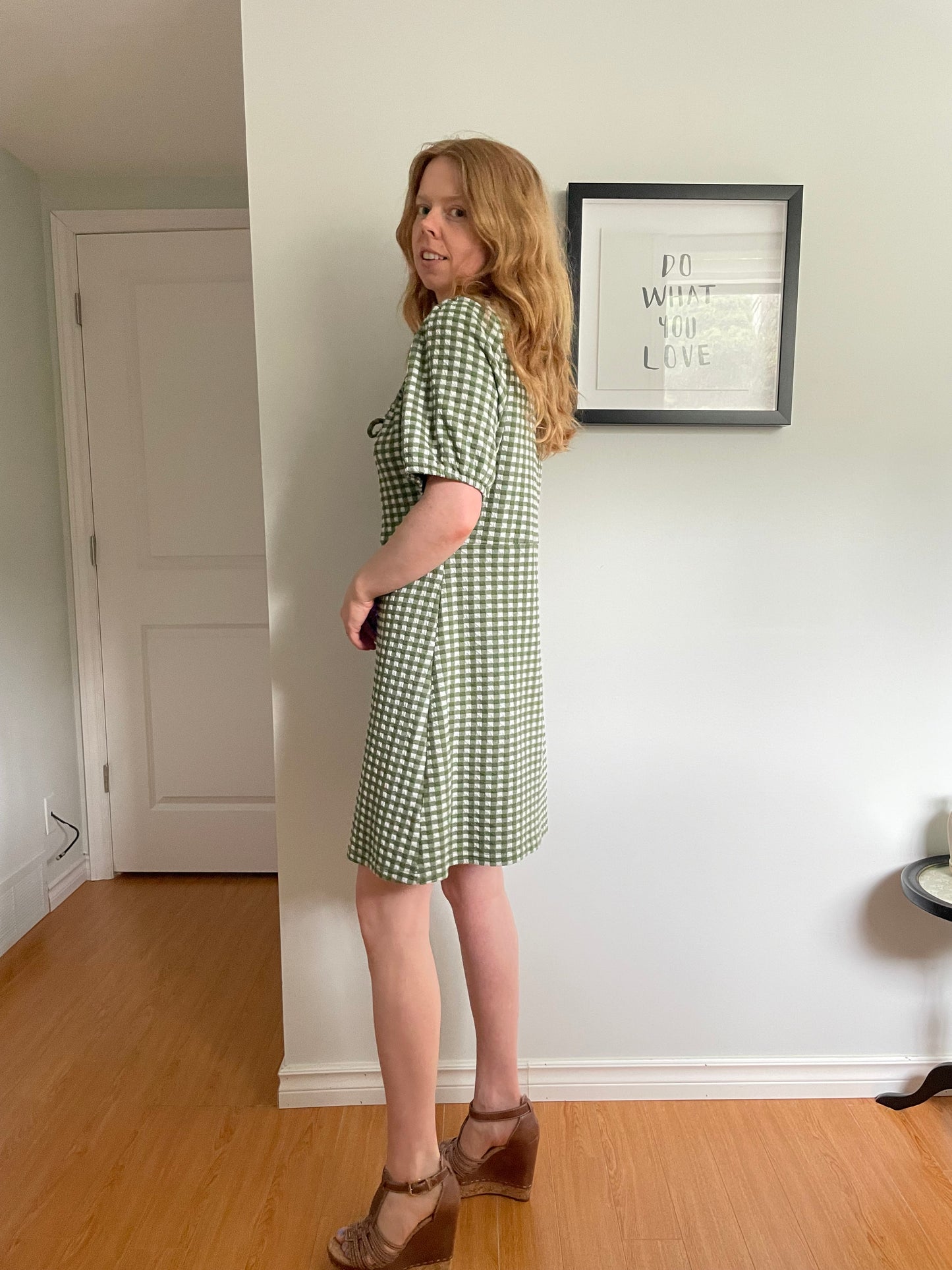 Madewell Green & White Gingham Puff Sleeve Mini Dress - Large
