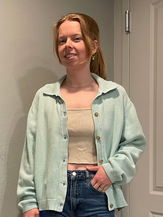 Lands’ End Mint Green Cotton Collared Cardigan – Petite Large (14–16)