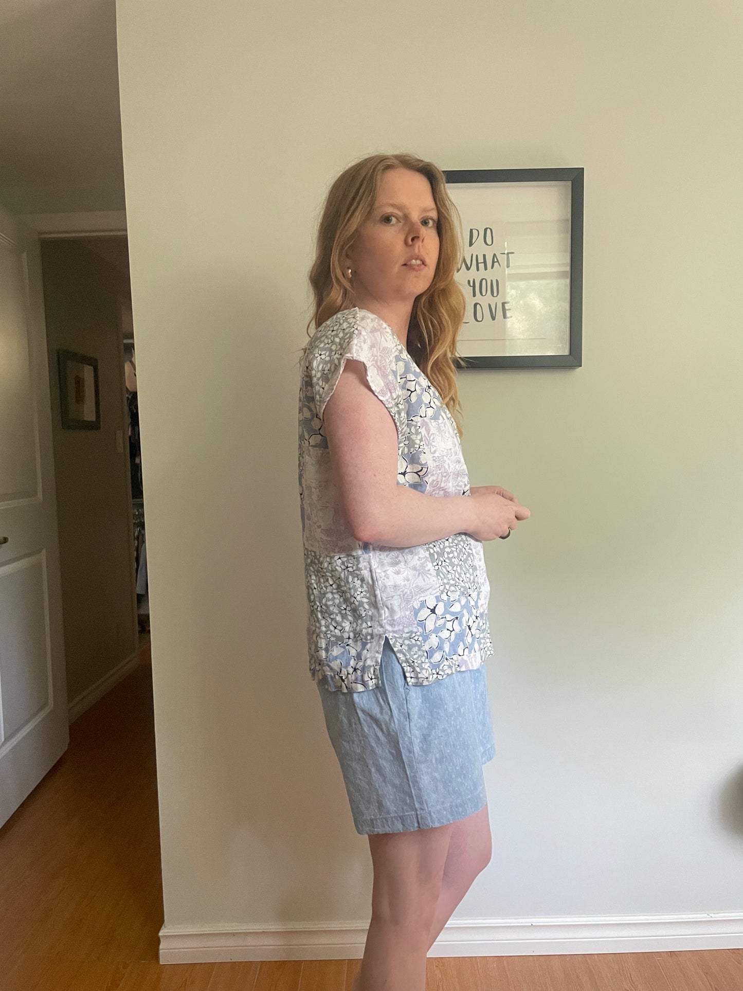 Linen Button-Up Floral Patchwork Short Sleeve Top - Medium