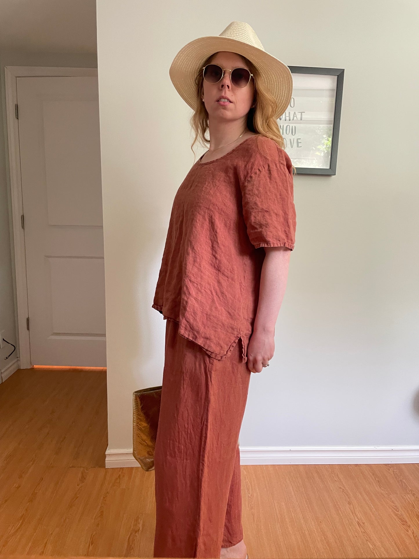 FLAX – Terracotta Linen Top & Wide-Leg Pants Set – M/S