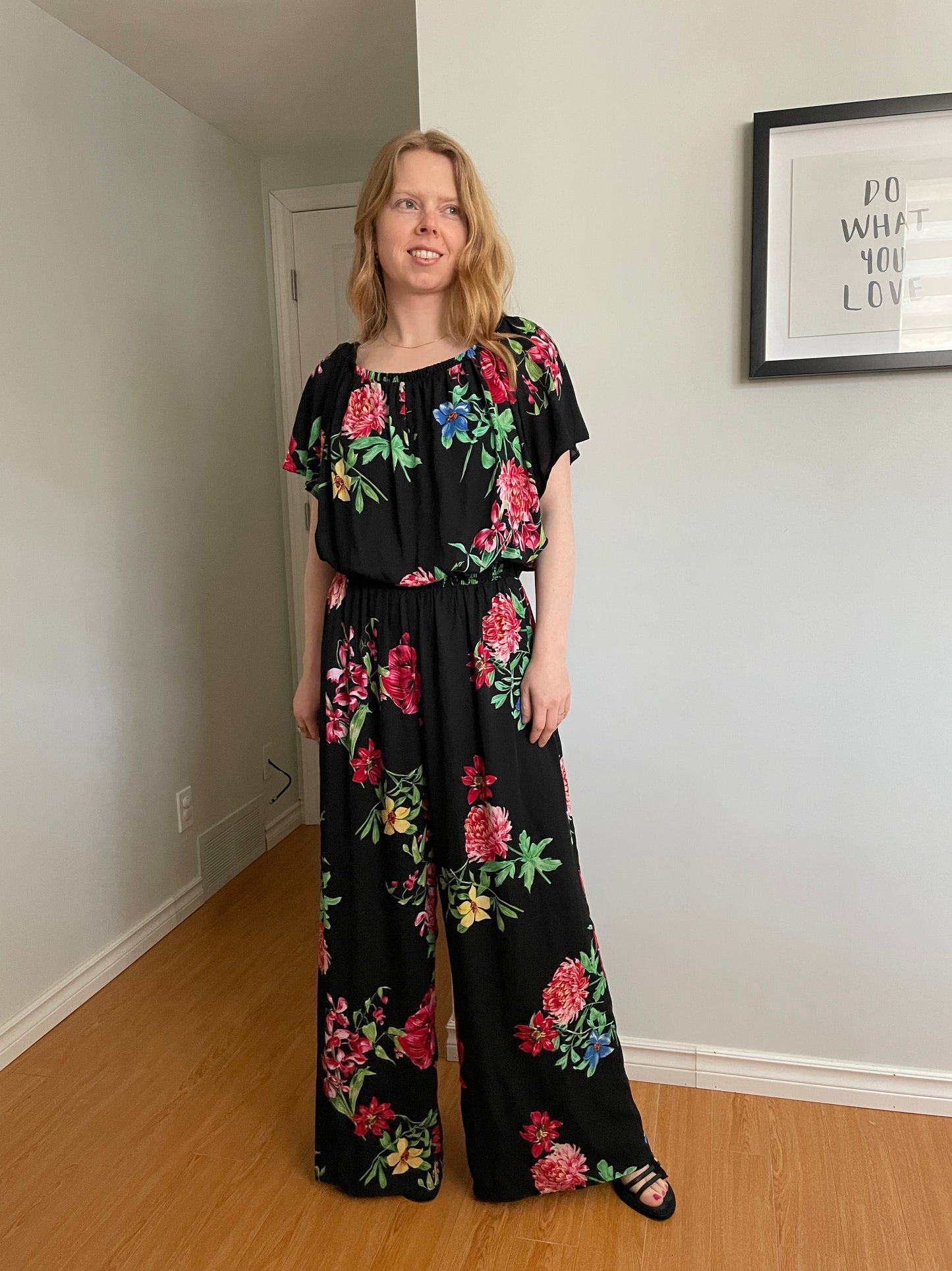 Joseph Ribkoff Black Floral Off-Shoulder Wide Leg Jumpsuit - Size 14