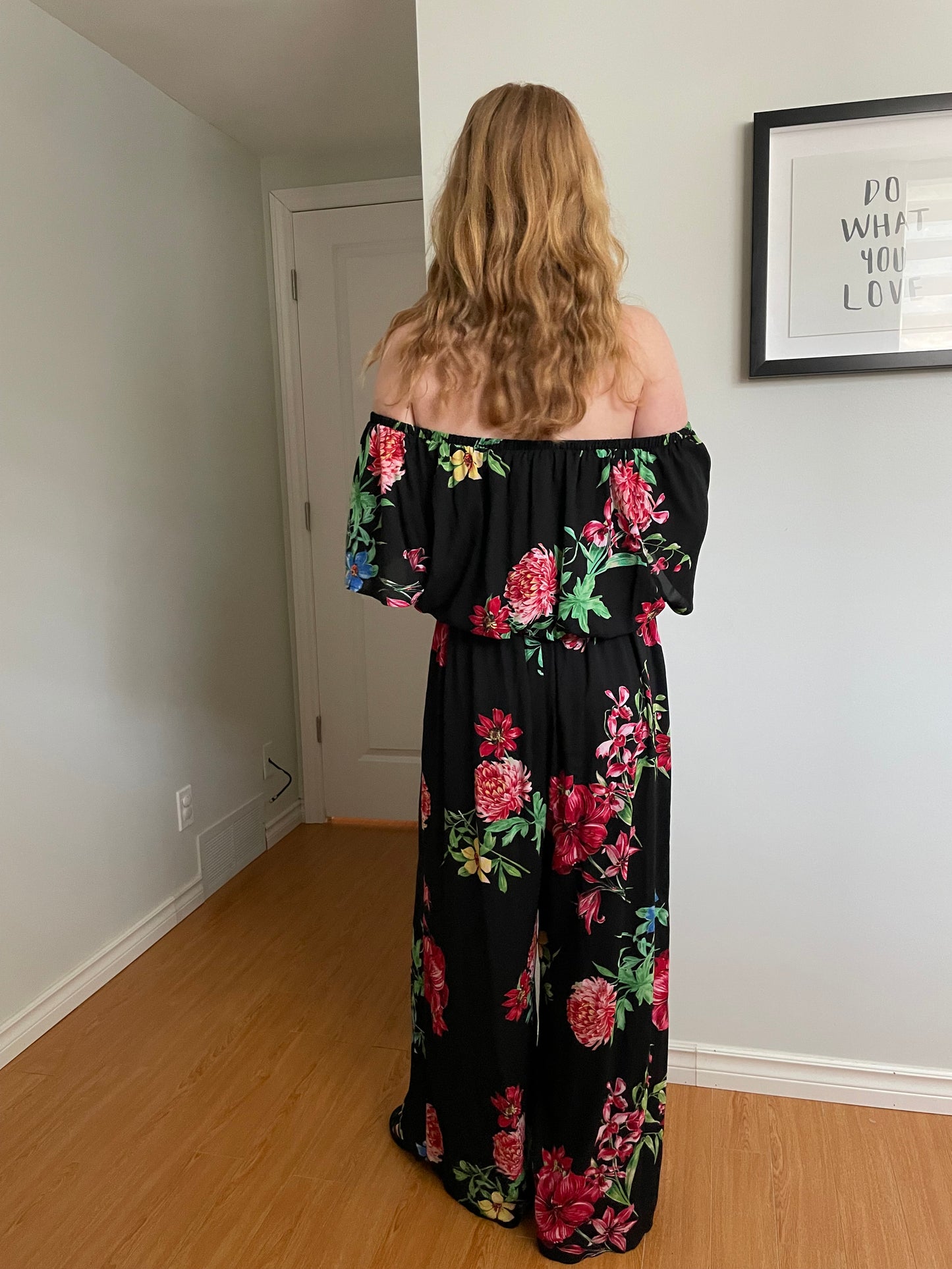 Joseph Ribkoff Black Floral Off-Shoulder Wide Leg Jumpsuit - Size 14