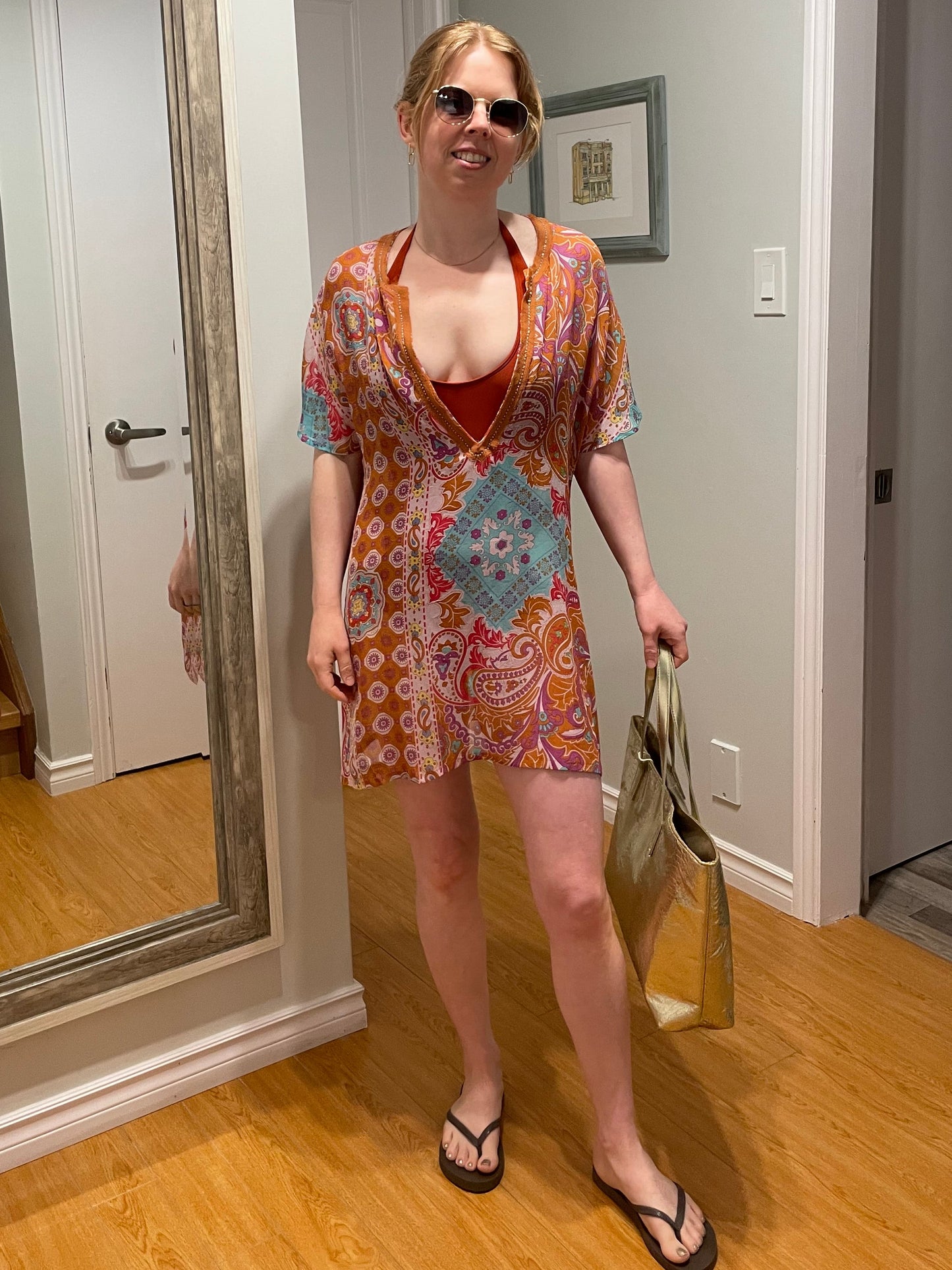 bebe Tangerine Multicolour 100% Silk Boho Paisley Deep V Tunic Dress – Size Medium (NWT)
