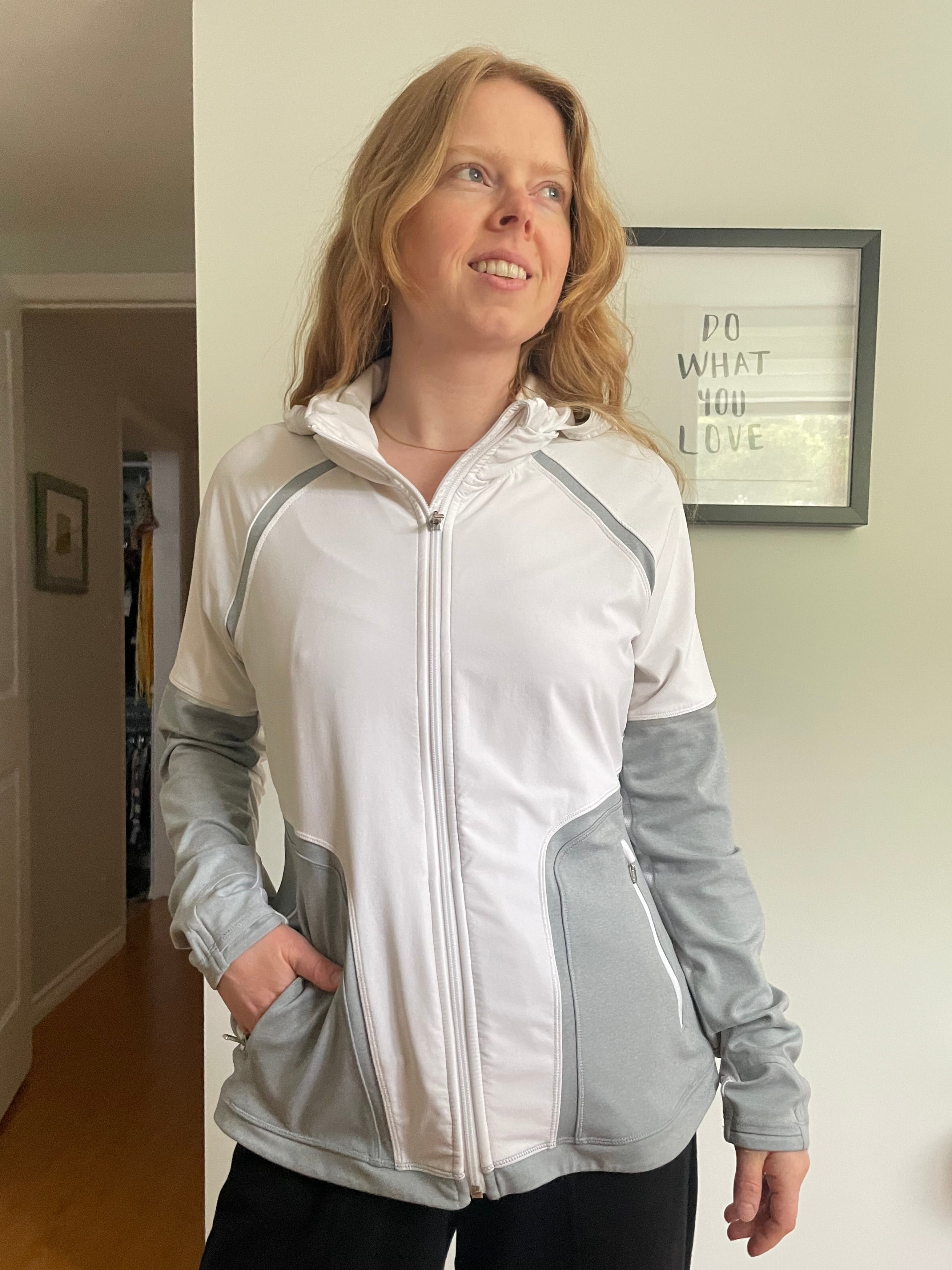Athleta Cream & Grey Performance Zip-Up Hooded Jacket – Size