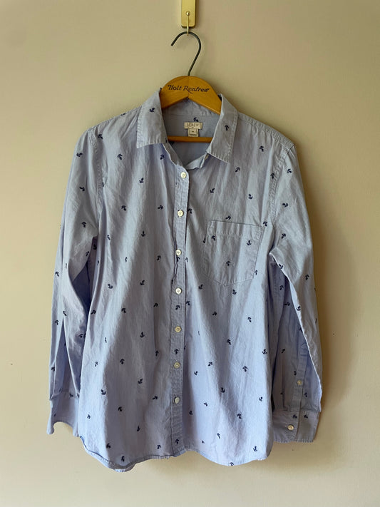 J.Crew Light Blue 100% Cotton Anchor Embroidered Button-Up Shirt – Size Medium