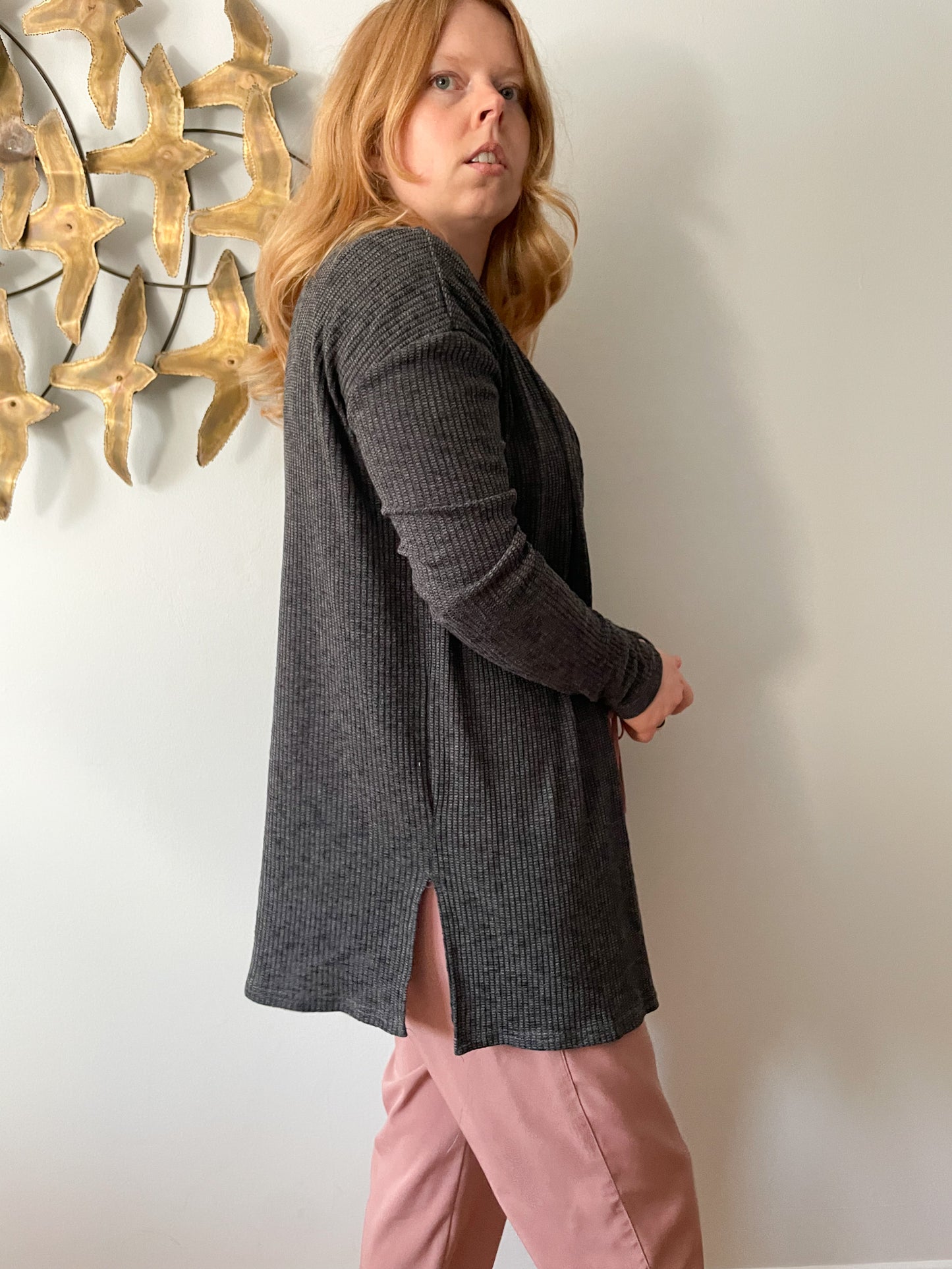 Charcoal Grey Relaxed Open Long Cardigan Sweater - S/M