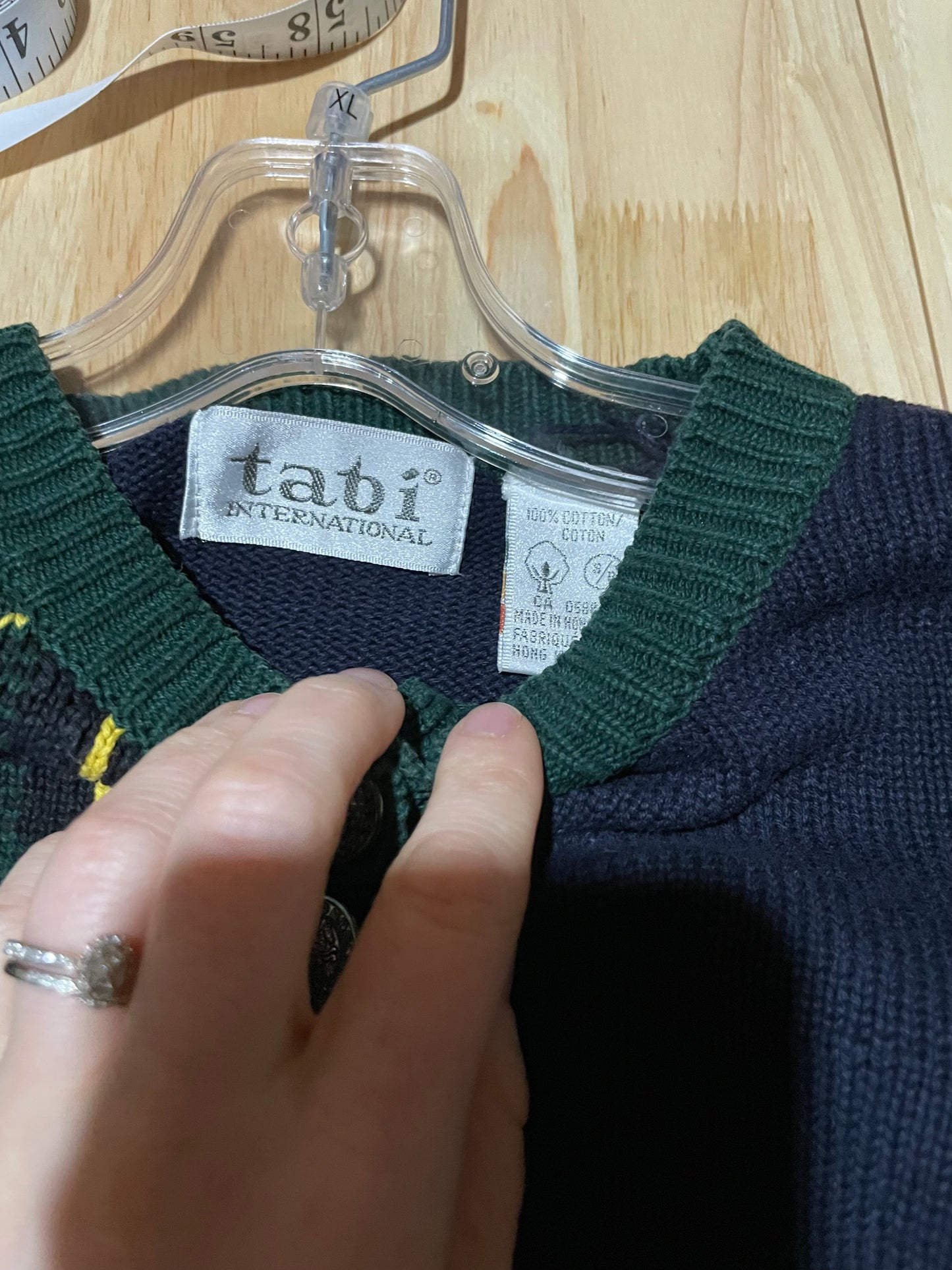 Tabi International Navy Plaid Crest Knit 100% Cotton Cardigan - Medium