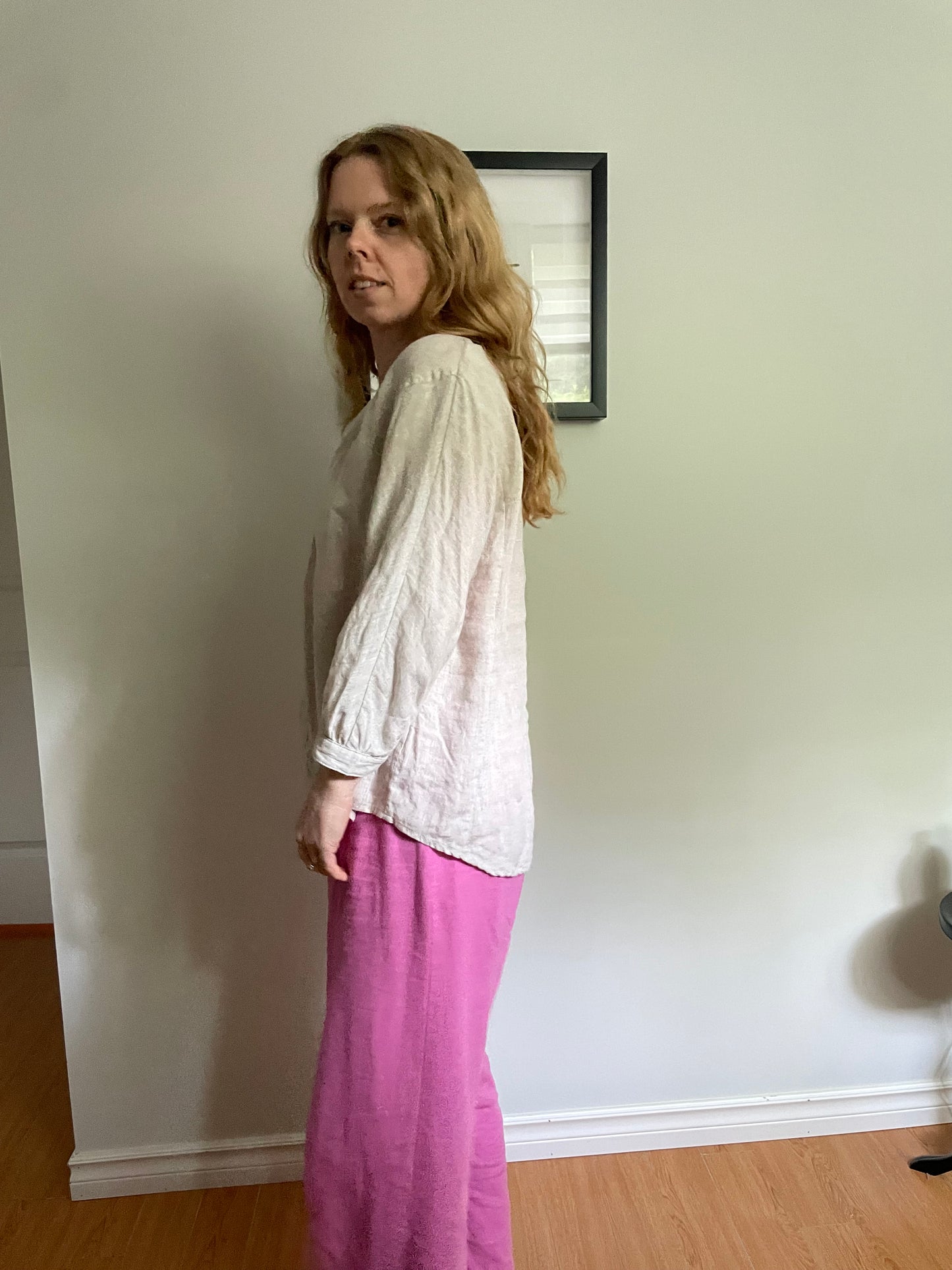 Oatmeal Beige 100% Linen Relaxed V-Neck Blouse