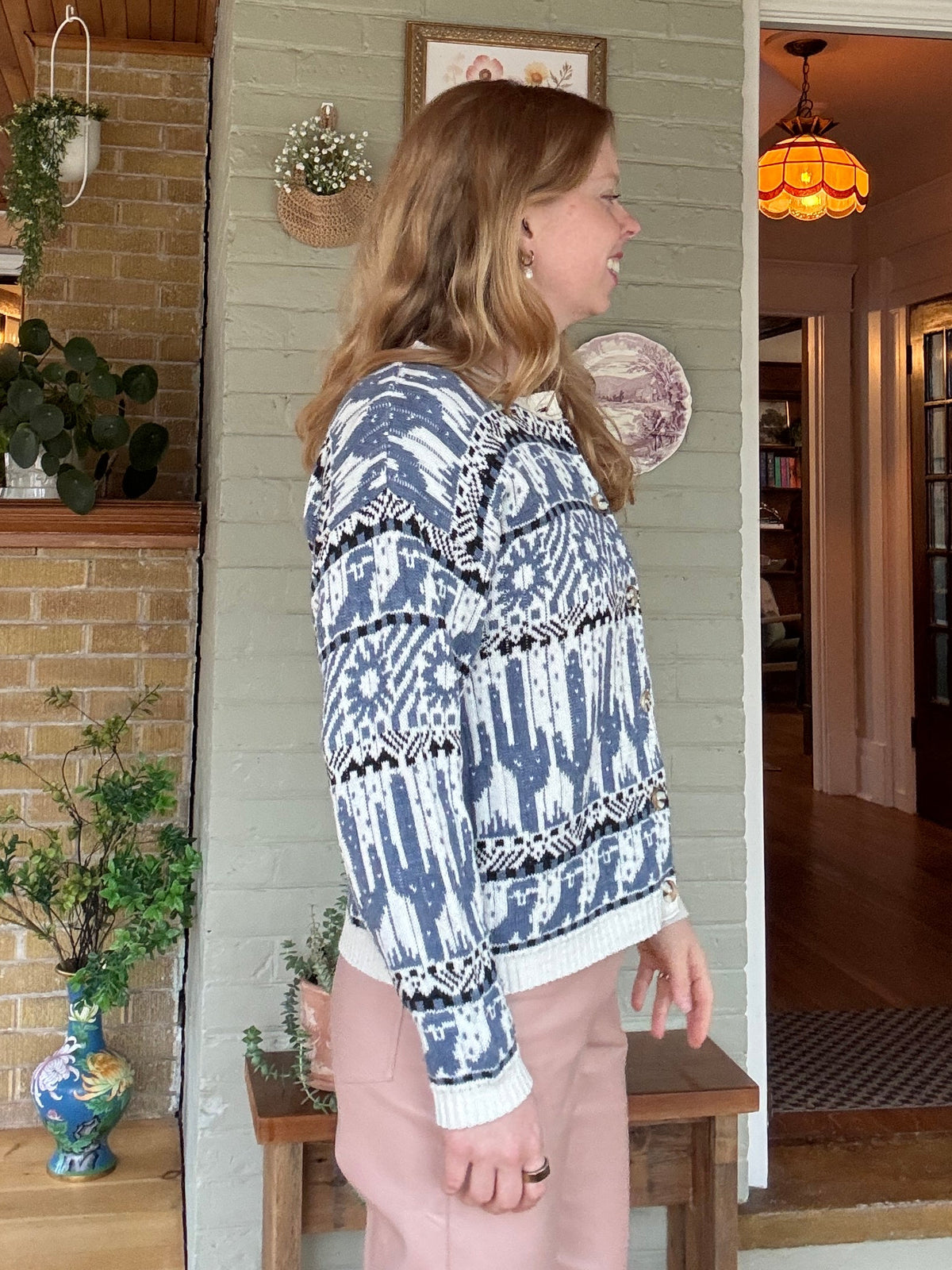 Reitmans Basics – Blue, Cream & Black Vintage Fair Isle Cardigan - M/L/XL