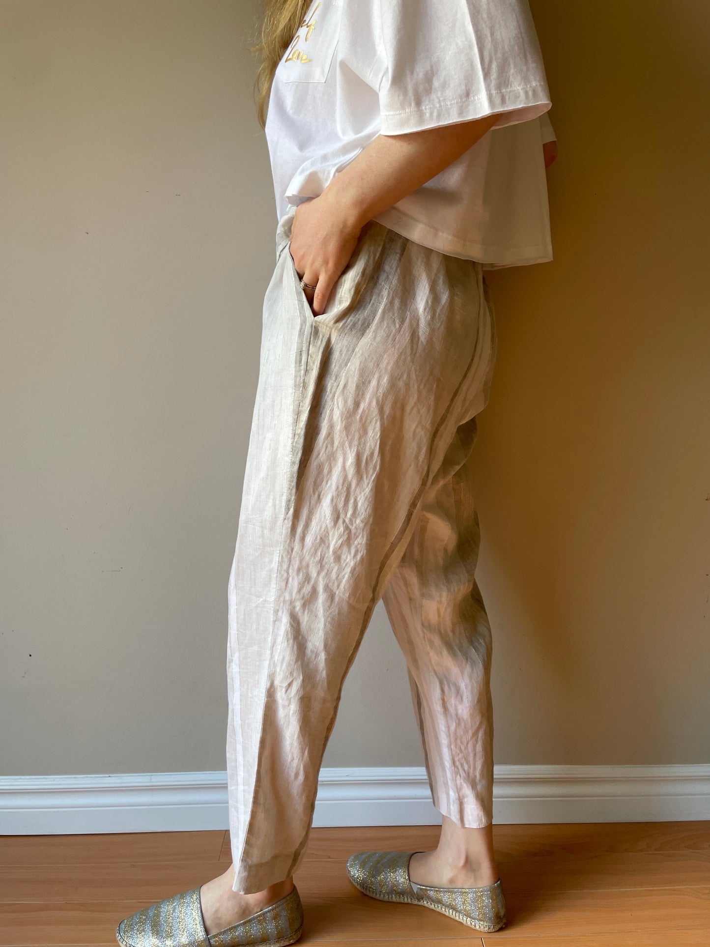 Cannella Beige Metallic Stripe Linen High Rise Cropped Pants - EU 48 (Large)