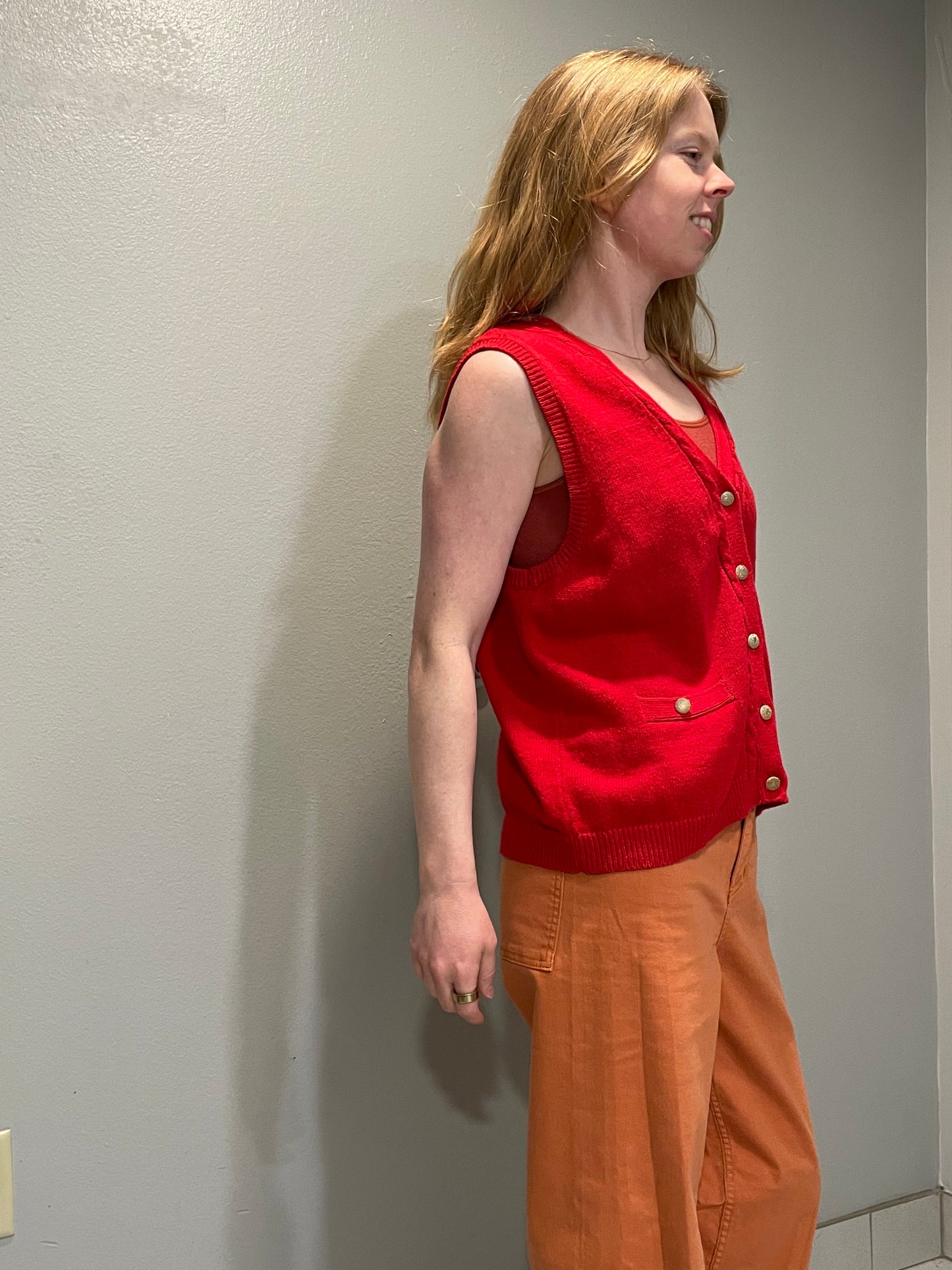 Vintage Sag Harbor Red Button-Front Ramie Cotton Knit Vest – Large