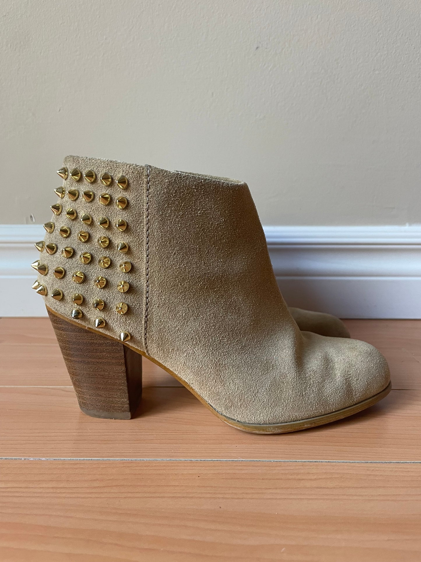 Zara Woman Beige Genuine Suede Gold Studded Heel Boots - Size 37