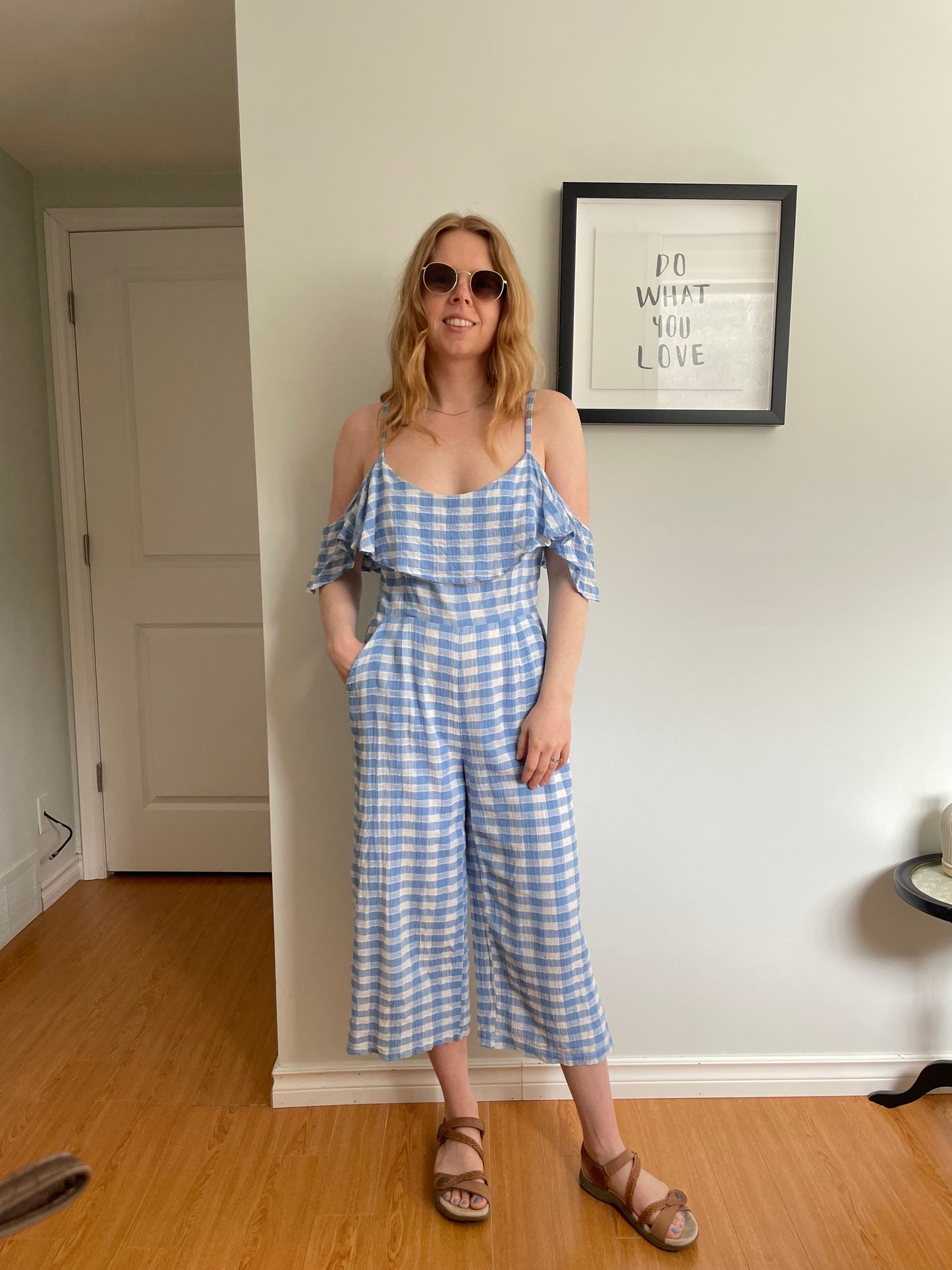BB Dakota Blue & White Gingham Ruffle Wide Leg Jumpsuit - Size 4