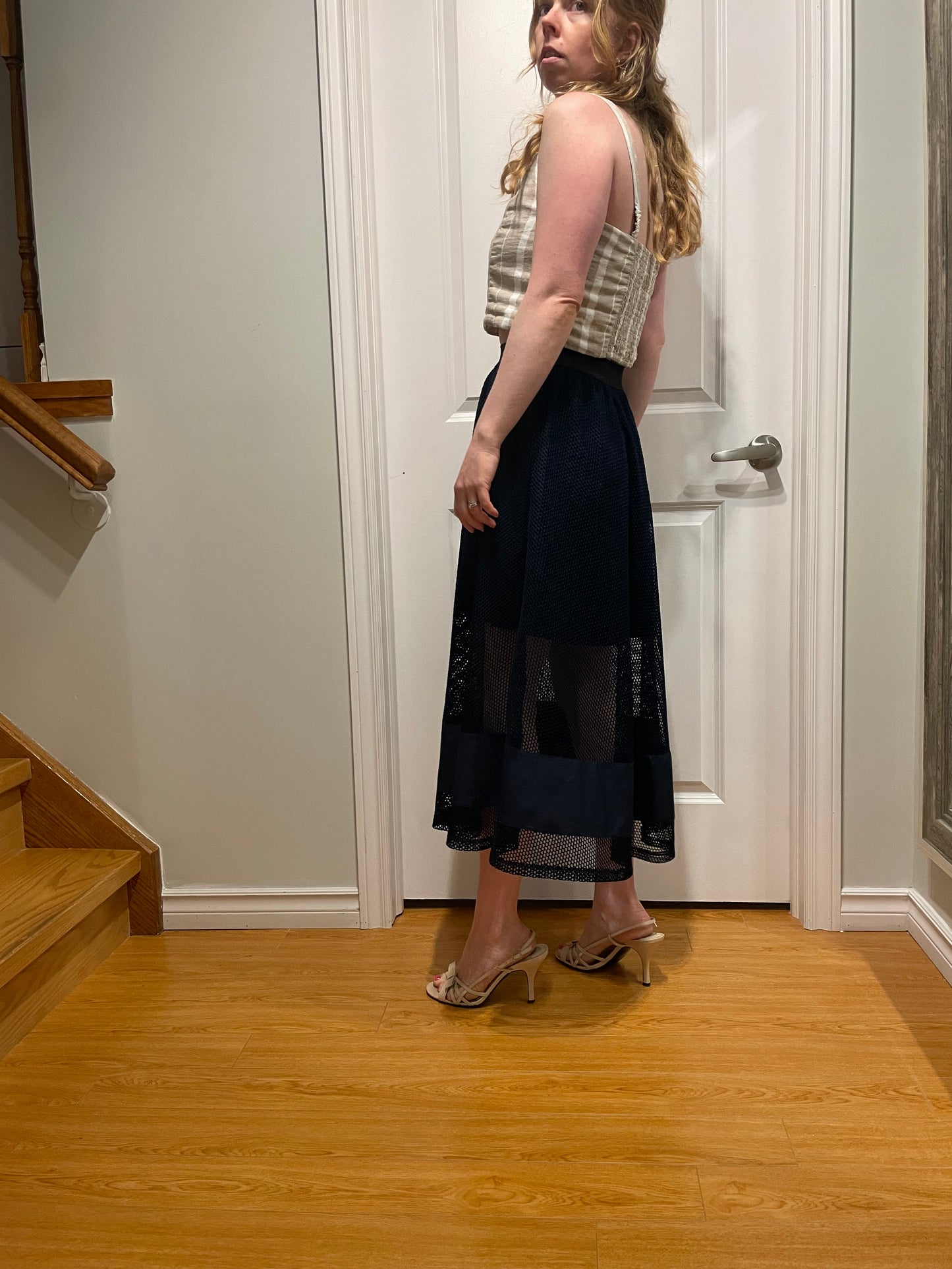 OAK + FORT – Navy Mesh A-Line Midi Skirt – Fits XS/S