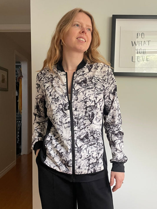 Zakti Black & White Marble Print Bomber Jacket - US 8 / Medium