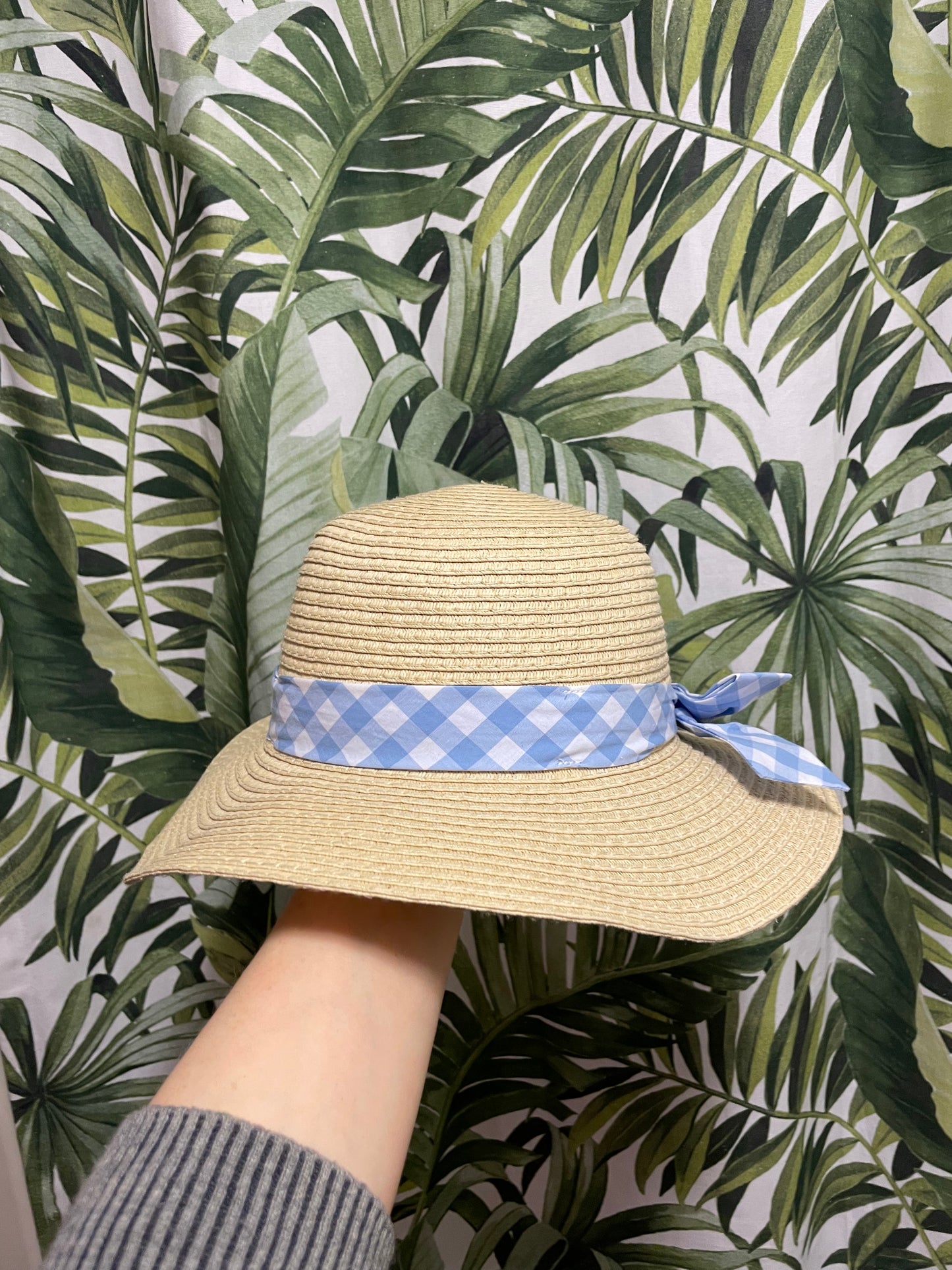 Natural Straw-Style Wide-Brim Hat with Blue Gingham Scarf – Small