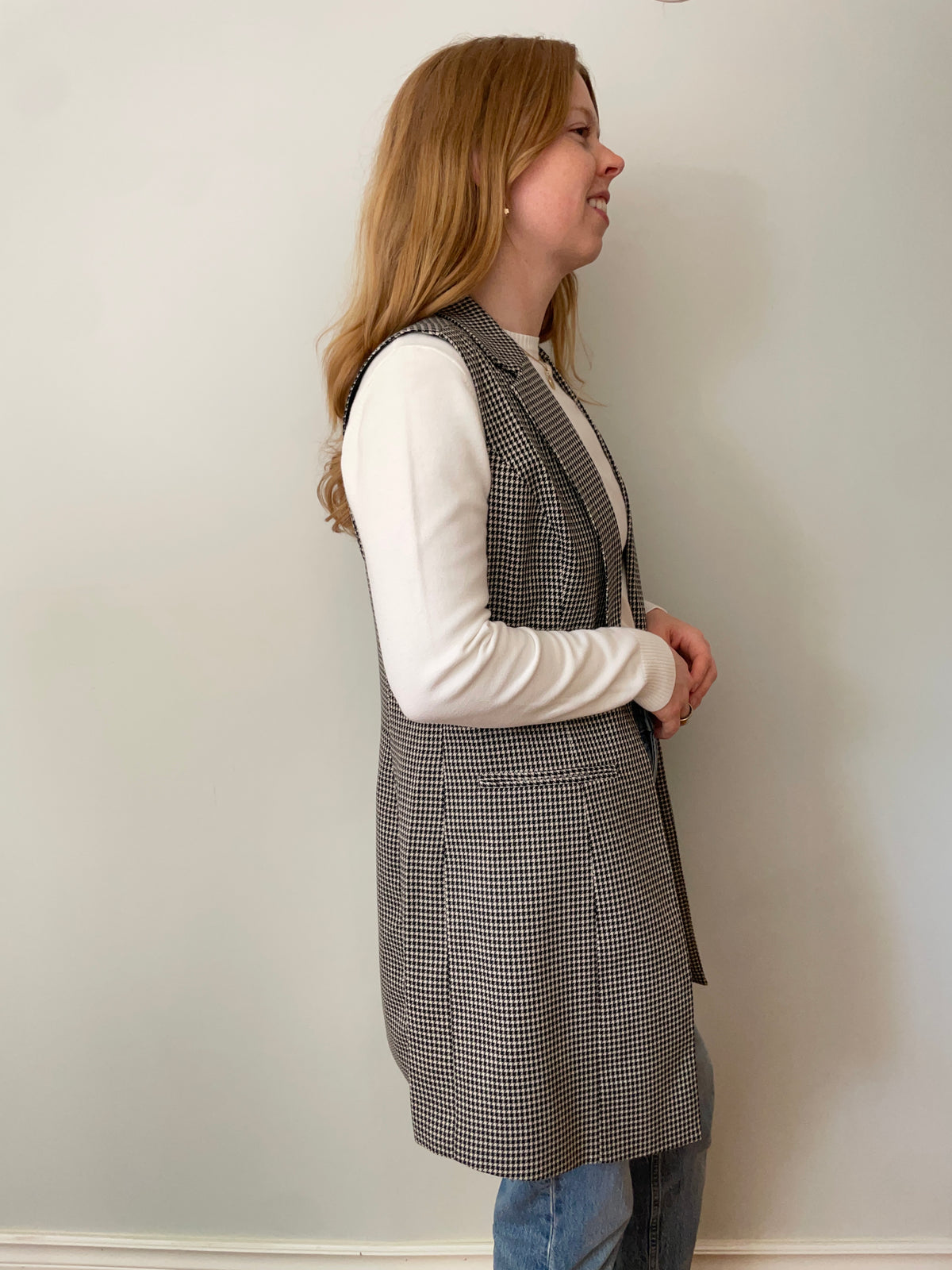 Suzy Shier Black & Cream Houndstooth Longline Vest – Medium NWT