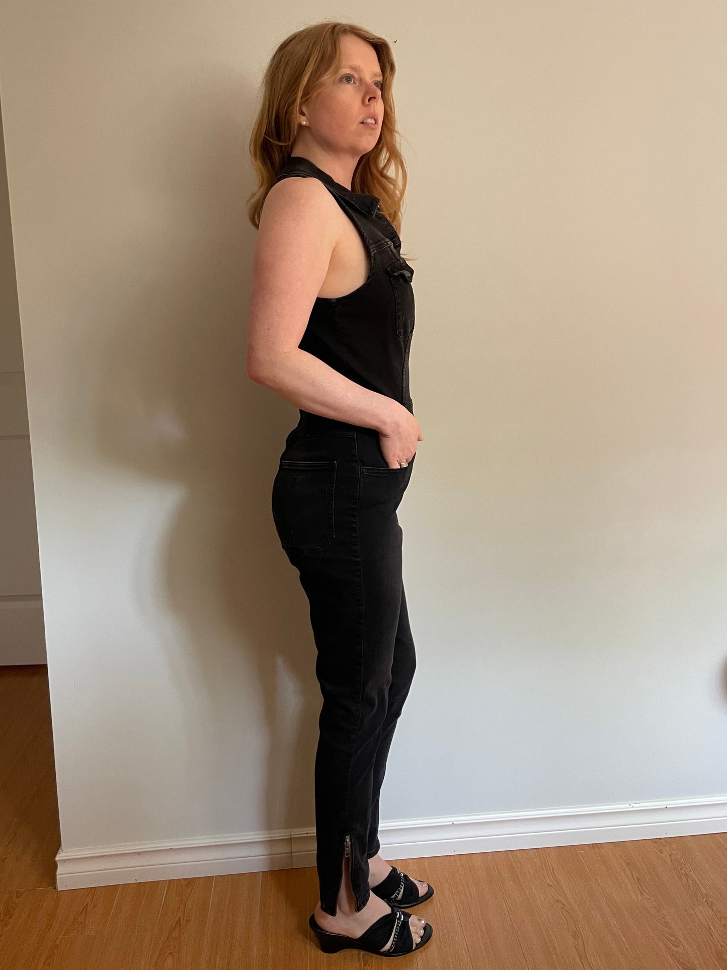 GUESS Black Stretch Denim Zip-Front Sleeveless Jumpsuit – Size 8
