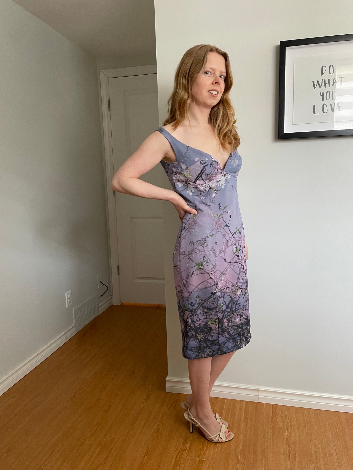 Pam Chorley’s Fashion Crimes Lilac Cherry Blossom 100% Silk Off-Shoulder Dress - Medium
