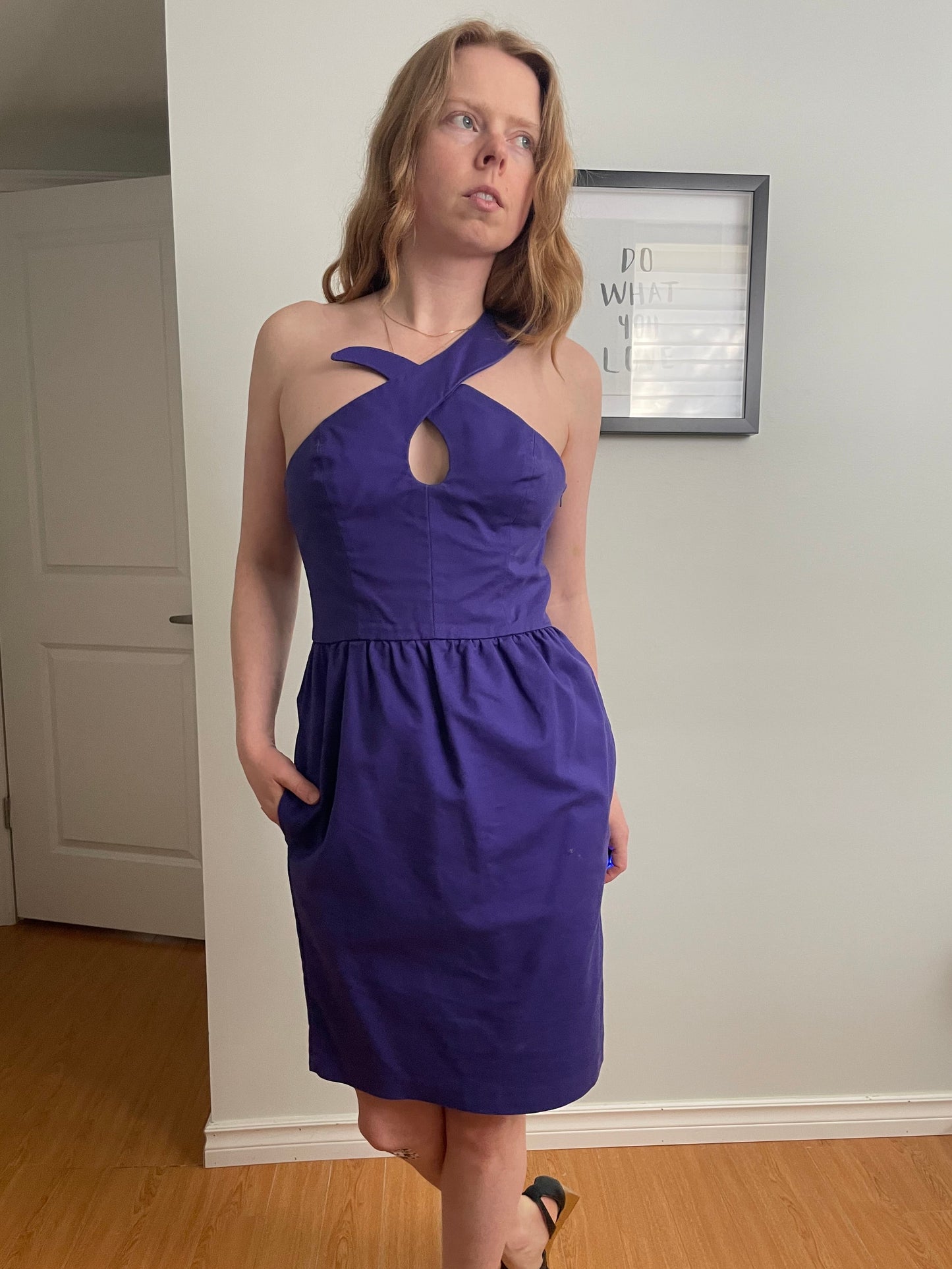 French Connection Purple Cotton Stretch One Shoulder Dress - Small