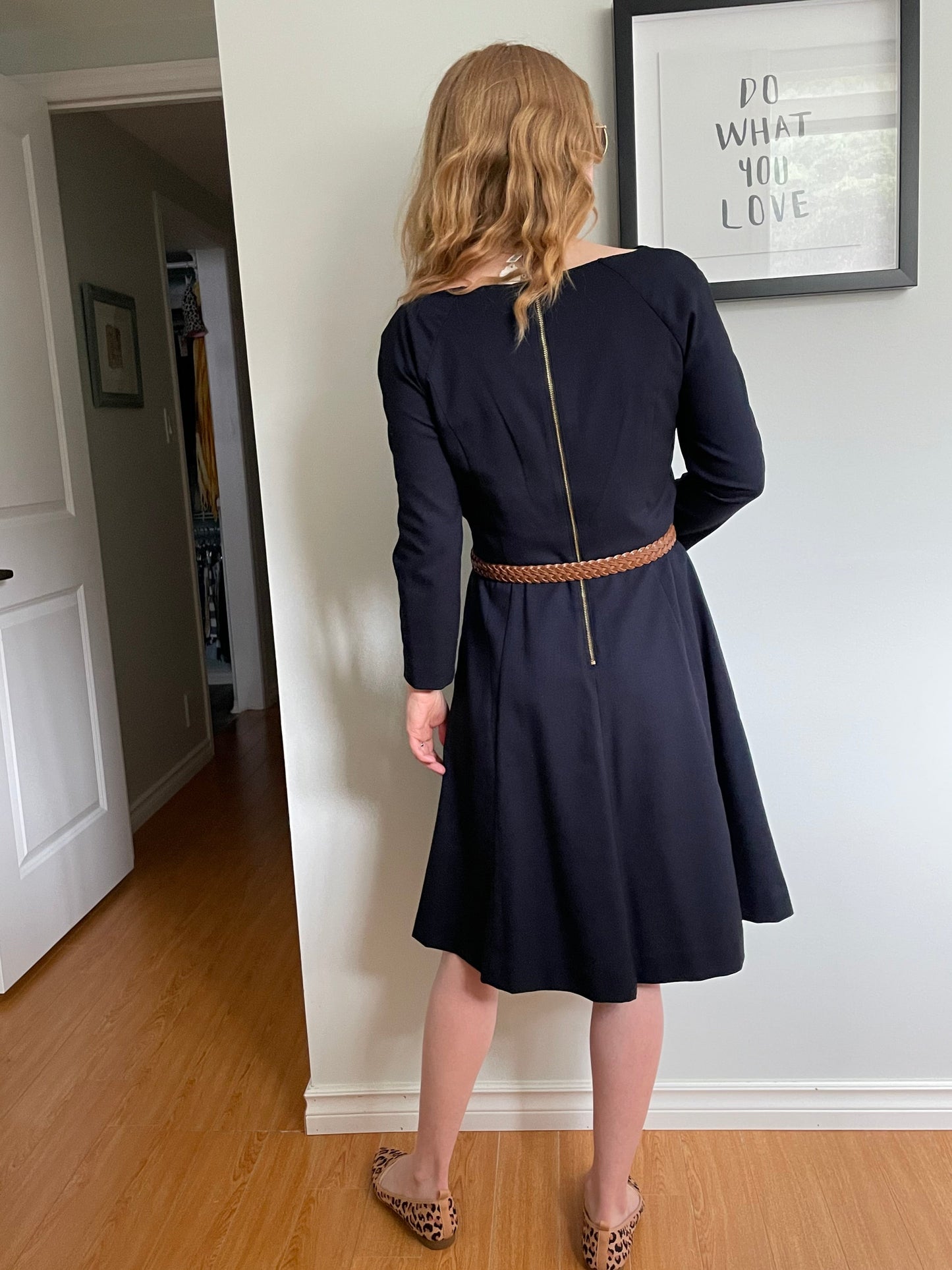 Navy Boat Neck 3/4 Sleeve Fit Flare Dress - Small