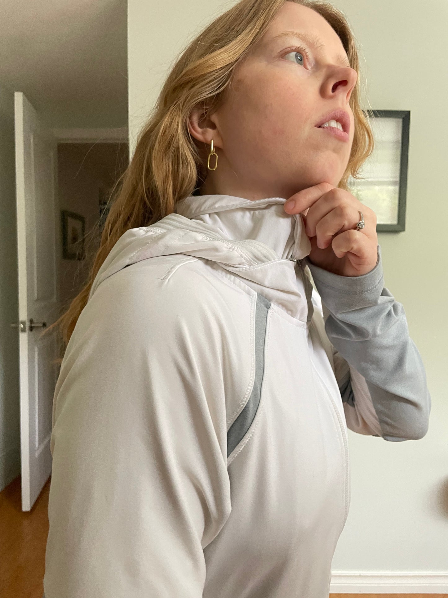Athleta Cream & Grey Performance Zip-Up Hooded Jacket – Size Medium