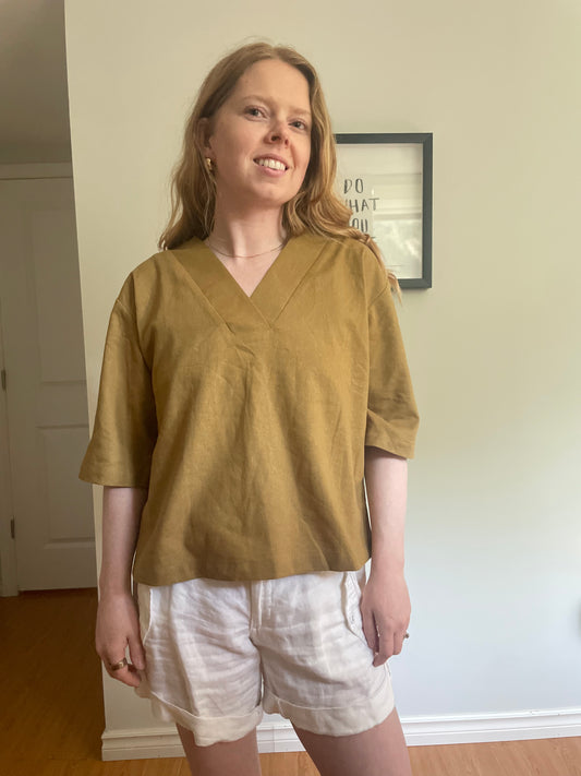 Hannah Canvas Ochre Linen V-Neck Top - M/L