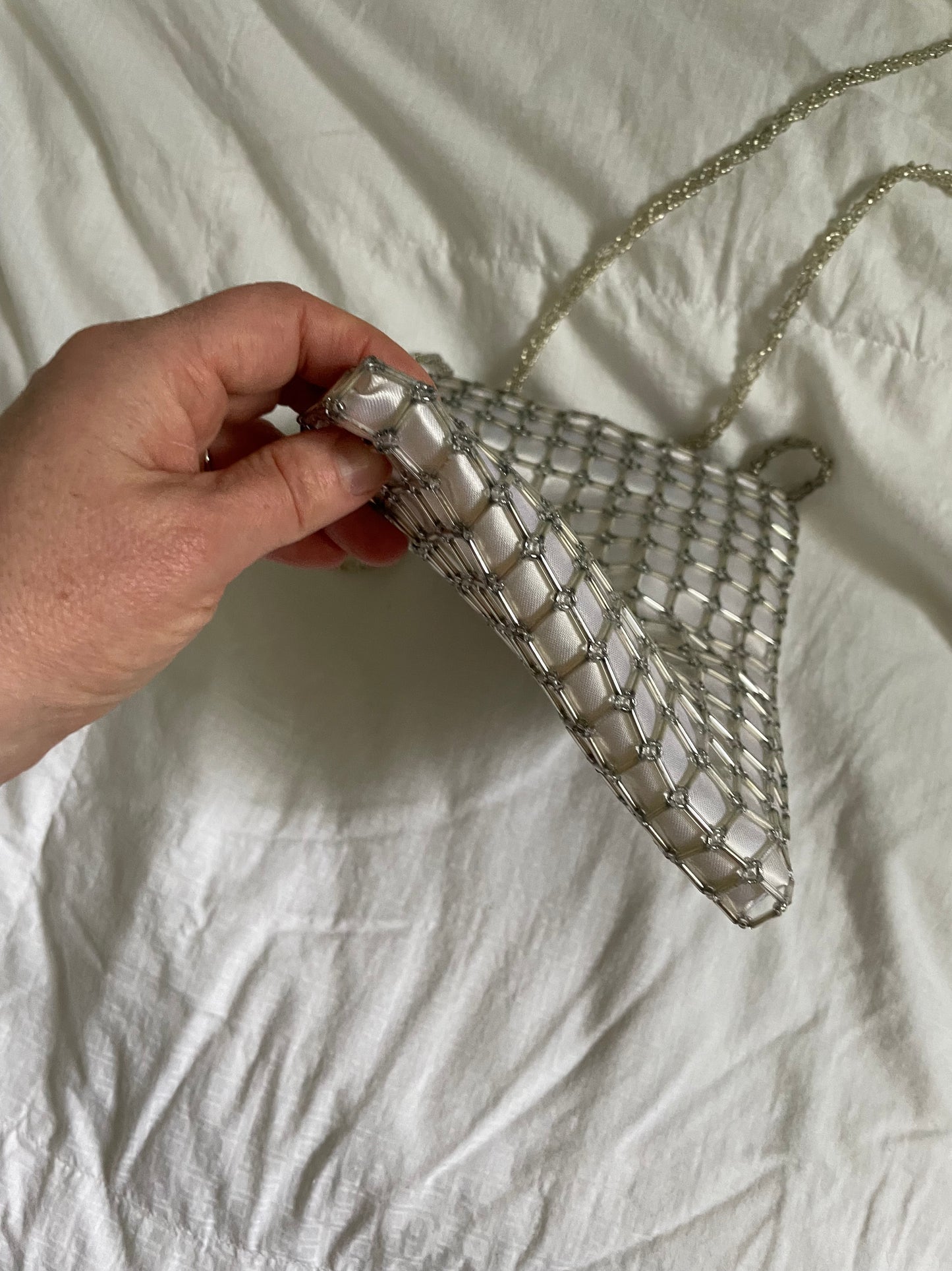 Silver Satin Beaded Mesh Shoulder Bag