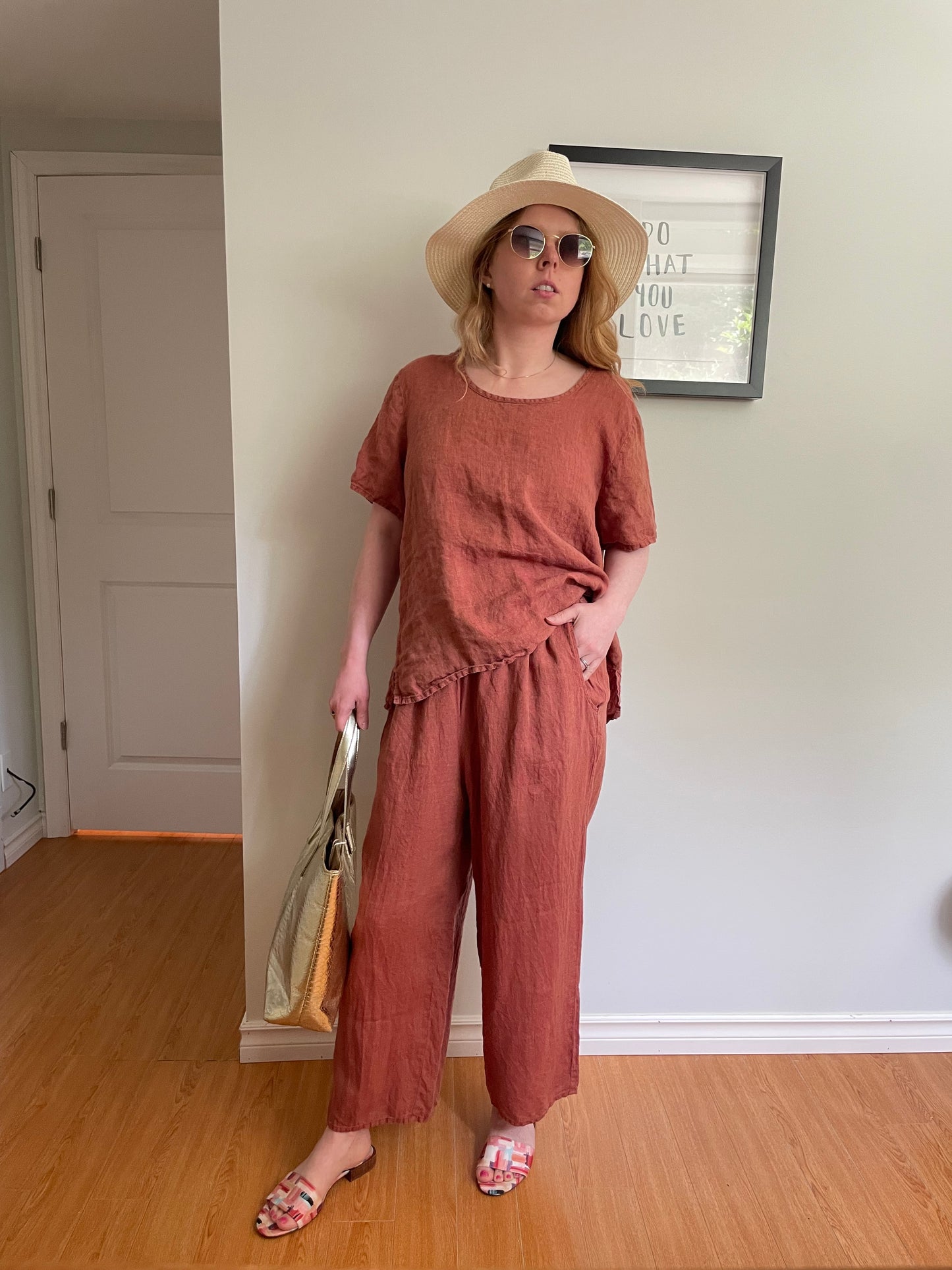 FLAX – Terracotta Linen Top & Wide-Leg Pants Set – M/S
