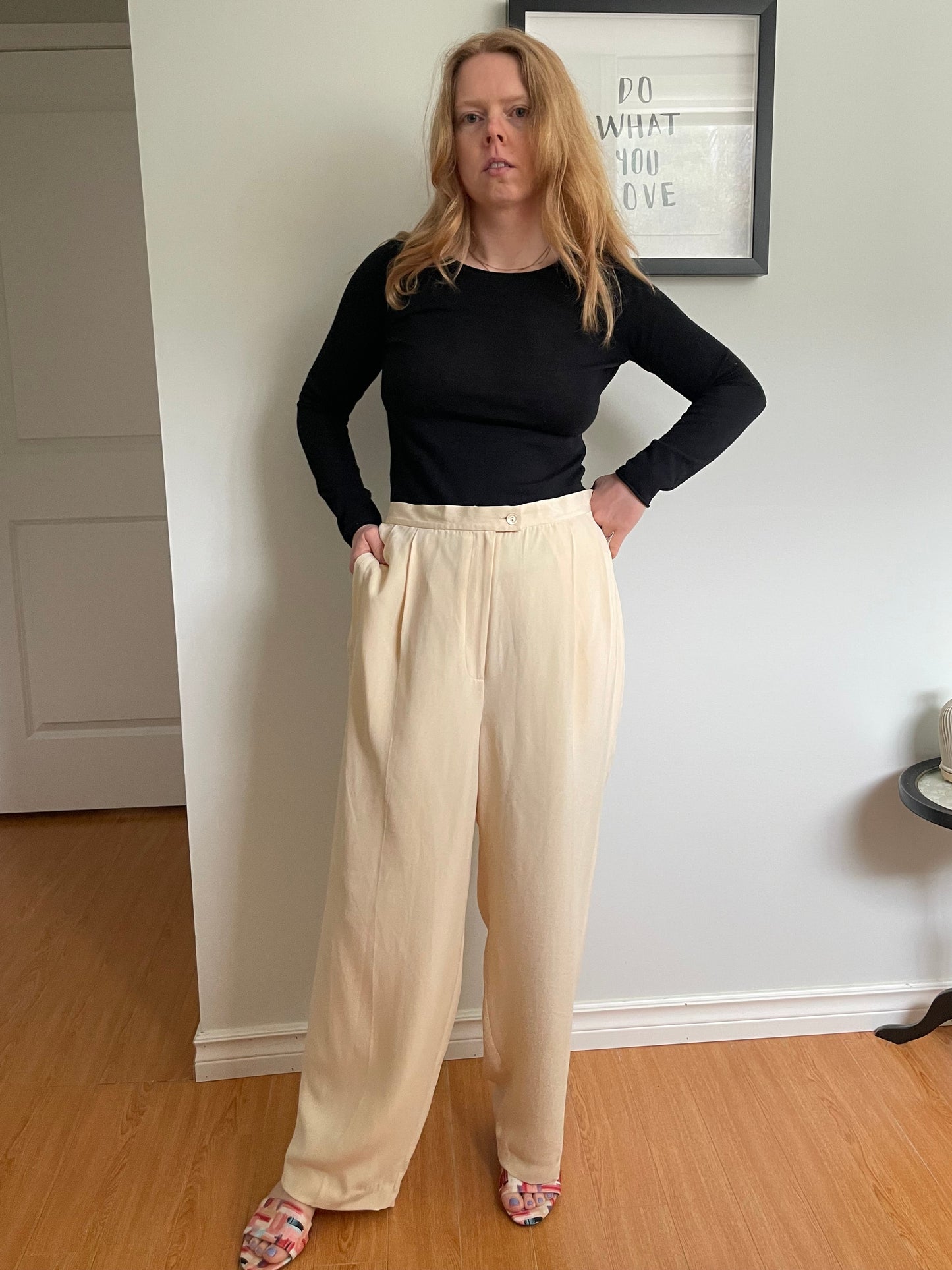 Evan-Picone Cream Vintage Silk Wide-Leg Lined Pants - 14W