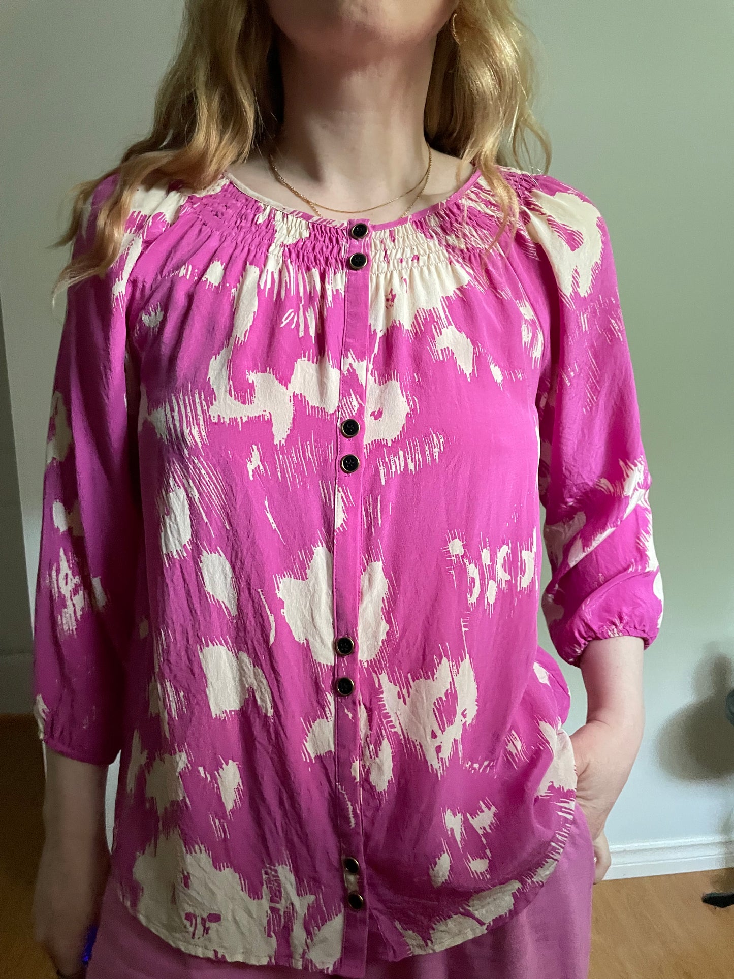 Yumi Kim – Fuchsia & Cream Abstract Print Silk Blouse – XS/S