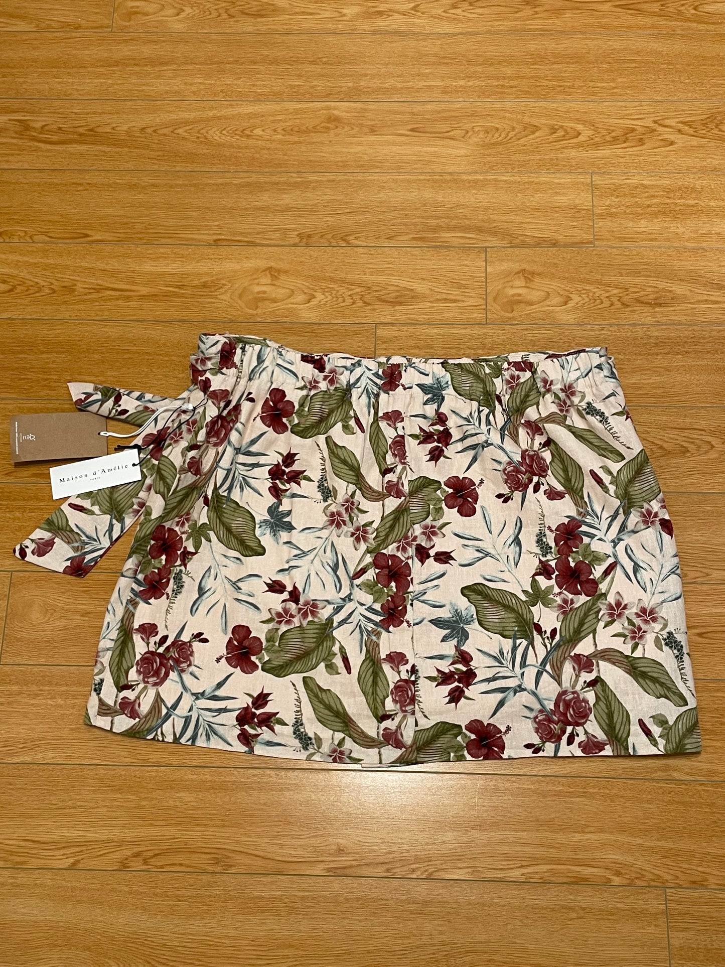 Maison d’Amélie Cream Burgundy Green Floral Linen Blend Wrap Mini Skirt — XL