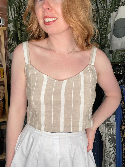 Beige & White Striped Linen Blend Smocked Back Cropped Tank – Medium